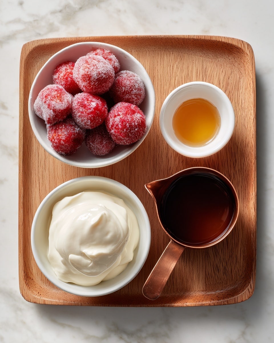 A wooden tray holds four items arranged in a flat lay style on a white marbled surface: in the top left is a bowl filled with bright red frozen strawberries covered with frost; to the right of it, a small white bowl containing a dark brown liquid; below that, a copper measuring cup filled with thick white cream with a smooth texture; and at the bottom left, a small white bowl with golden honey inside. The wooden tray and the white marbled background create a clean, fresh setting. photo taken with an iphone --ar 4:5 --v 7