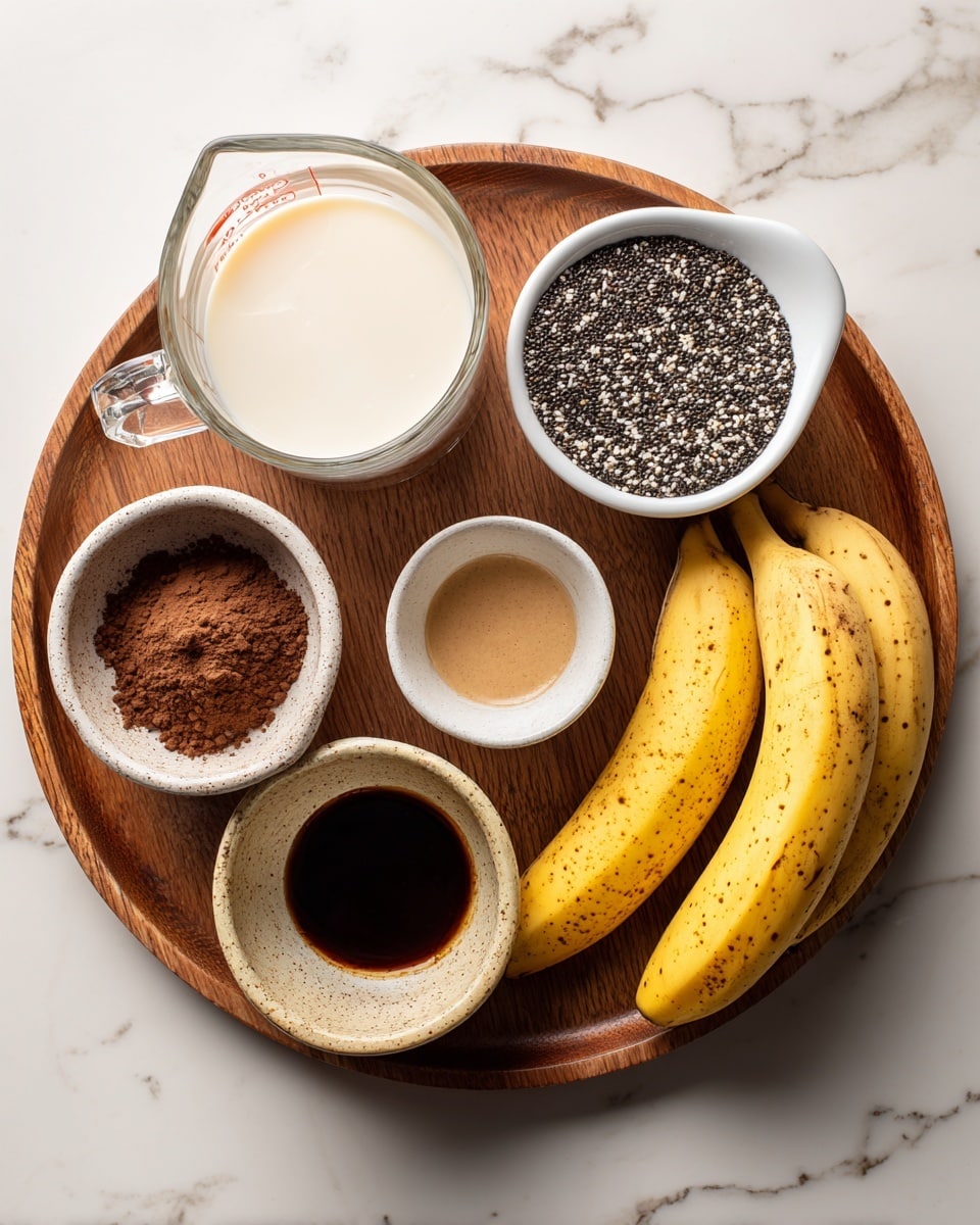 A wooden tray holds various ingredients arranged neatly on a white marbled surface. On the top left, there is a clear glass measuring cup filled with a creamy white liquid. Next to it on the right, a white bowl is filled with small black and white chia seeds. Below the chia seeds, there are two small dishes: a white bowl with a light brown liquid and a speckled beige bowl with a dark brown liquid. On the bottom left of the tray, a white bowl is filled with cocoa powder. In the middle of the tray, there is a small speckled beige dish containing a small amount of ground cinnamon. On the bottom right, two yellow bananas with slight brown spots rest side by side with their stems facing the top right corner. The photo taken with an iphone --ar 4:5 --v 7