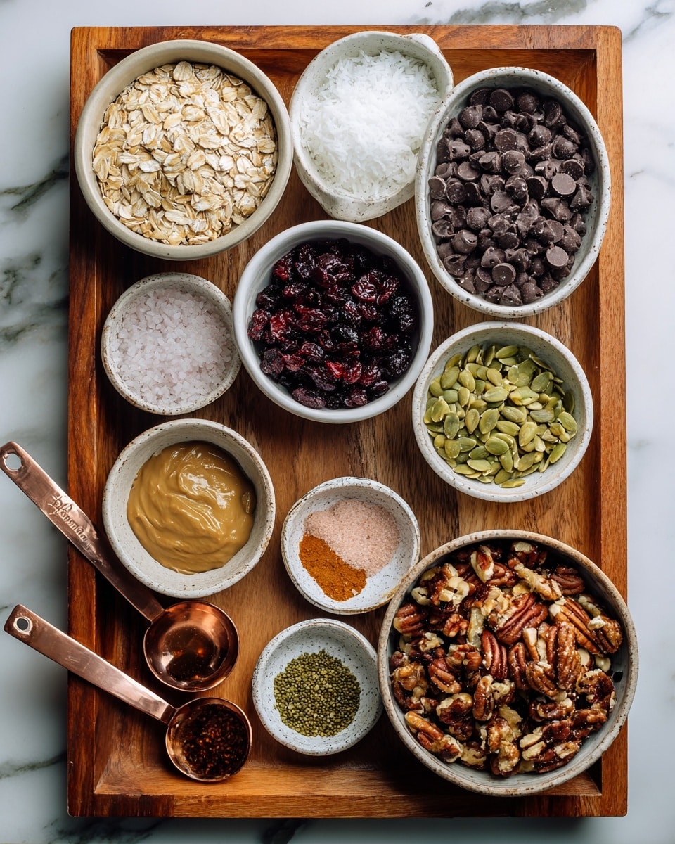 A wooden tray on a white marbled surface holds multiple white bowls and two copper measuring spoons filled with different ingredients. Starting from the top left, a bowl with light brown oat flakes, next to it on the right, a bowl filled with white coconut oil. Below the oats, a bowl with dark red dried cranberries, and next to it a bowl with dark brown chocolate chips. To the right of the chocolate chips, a bowl containing two sections: green pumpkin seeds and pale sunflower seeds. Below the seeds, a small speckled dish with orange cinnamon powder and pink salt, and next to it a similar small dish with dark vanilla extract. In the middle left is a bowl with creamy, light brown almond butter, and below, a copper measuring spoon containing green hemp seeds. Below the almond butter, another copper measuring spoon with dark maple syrup. To the bottom right, a large bowl filled with chunky mixed nuts including almonds and pecans. photo taken with an iphone --ar 4:5 --v 7