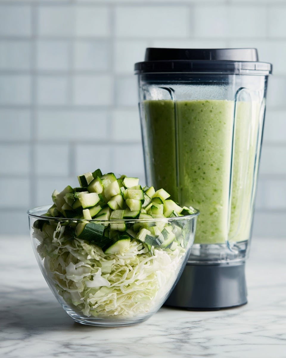 A wooden cutting board sits on a white marbled countertop holding three fresh vegetables. On the left is a round, light green cabbage with visible veins on its leaves. In the middle, a bundle of bright green scallions is tied with a blue band, showing long, slim stalks. On the right, two dark green cucumbers with small water droplets rest side by side. In the background, there is a clear glass bowl, slightly blurred. photo taken with an iphone --ar 4:5 --v 7