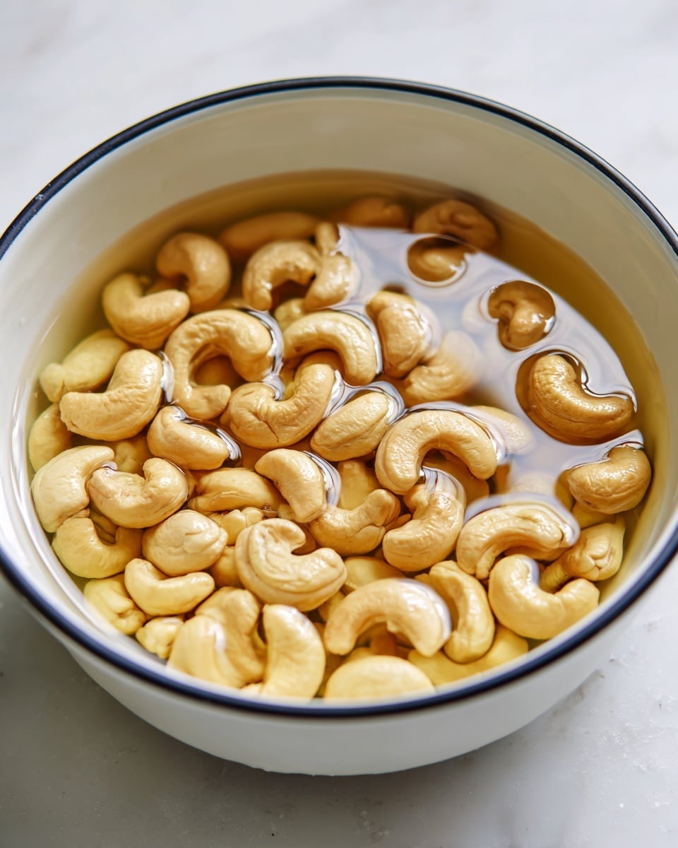 A close-up view of a white bowl filled with soaked cashew nuts in clear water. The cashews are light beige, plump, and smooth, floating and settled at the bottom of the bowl. The bowl has a simple white inside with a black rim, and it sits on a white marbled surface. The overall image shows a soft, natural light highlighting the shiny texture of the soaked cashews. photo taken with an iphone --ar 4:5 --v 7