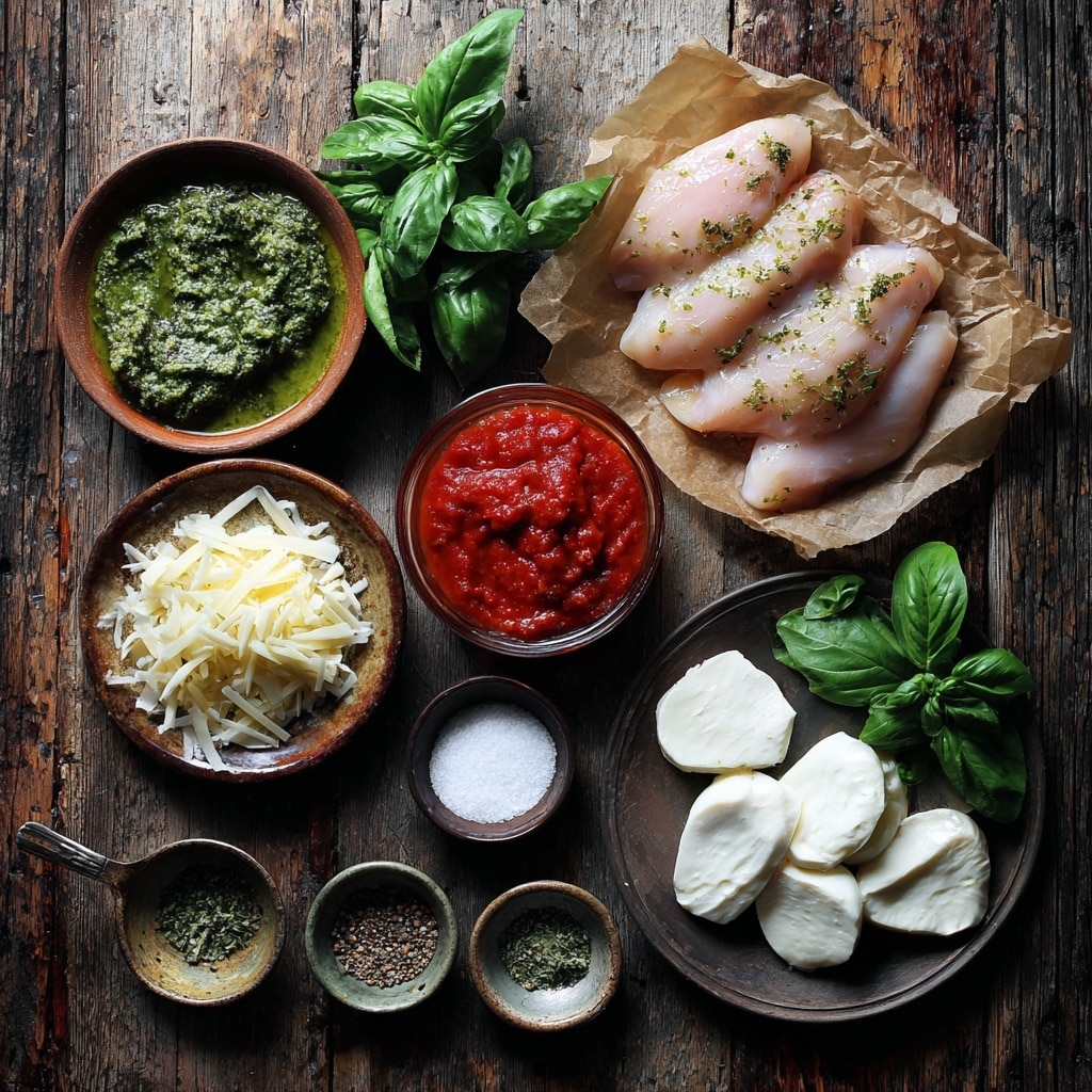 The image shows two side-by-side photos of raw chicken pieces placed on a white marbled surface lined with parchment paper. In the left photo, five thin raw chicken pieces are spread in a row, each covered with a green herb sauce that looks like pesto, with a slightly coarse texture. In the right photo, the same five chicken pieces are topped with a thick red sauce that is chunky and rich, covering most of the green herb sauce underneath. The edges of some chicken pieces reveal the raw pink color. The overall setup shows layers of raw chicken, green herb sauce, and red tomato sauce on a white marbled background. photo taken with an iphone --ar 4:5 --v 7