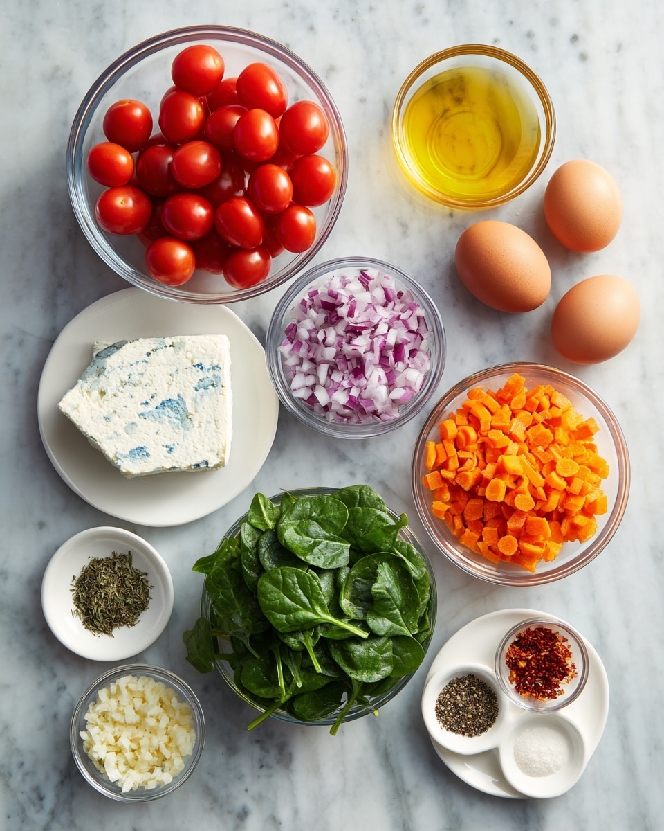 The image shows a white round ceramic dish with two handles, filled with a baked egg dish. The top layer features a cooked egg with a bright yellow yolk and set white, sprinkled with chopped green onions. Around the egg, there are pieces of red cherry tomatoes, green spinach leaves, and small chunks of white cheese mixed into a creamy, slightly browned base. A gold spoon is partially dipped into the dish, resting on the right side. The dish is placed on a white round plate with a few chopped green onions scattered around. In front of the plate, there are two pieces of crusty bread with a golden-brown toasted top. The whole scene sits on a white marbled surface. photo taken with an iphone --ar 4:5 --v 7