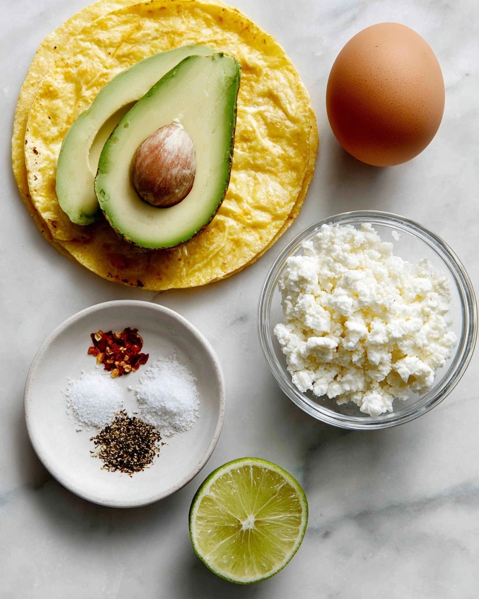 The image shows six ingredients on a white marbled surface. At the top left, there is a single yellow corn tortilla with a half avocado placed on it, showing its green and creamy inside. To the right of the tortilla is a brown egg. Below the egg, there is a glass bowl filled with white crumbled cheese. On the bottom left side of the image, a small white plate contains three piles of seasonings: coarse salt, cracked black pepper, and red chili flakes. At the bottom center, there is a halved lime with visible segments. photo taken with an iphone --ar 4:5 --v 7
