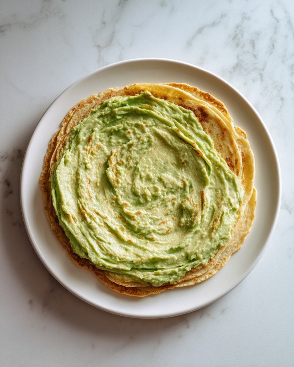 A round tortilla lays flat on a white plate with mashed avocado spread evenly on top. The avocado layer is light green with some darker green streaks and a slightly chunky, creamy texture. The tortilla beneath has a light brown color and visible texture around the edges. The plate sits on a white marbled background. photo taken with an iphone --ar 4:5 --v 7