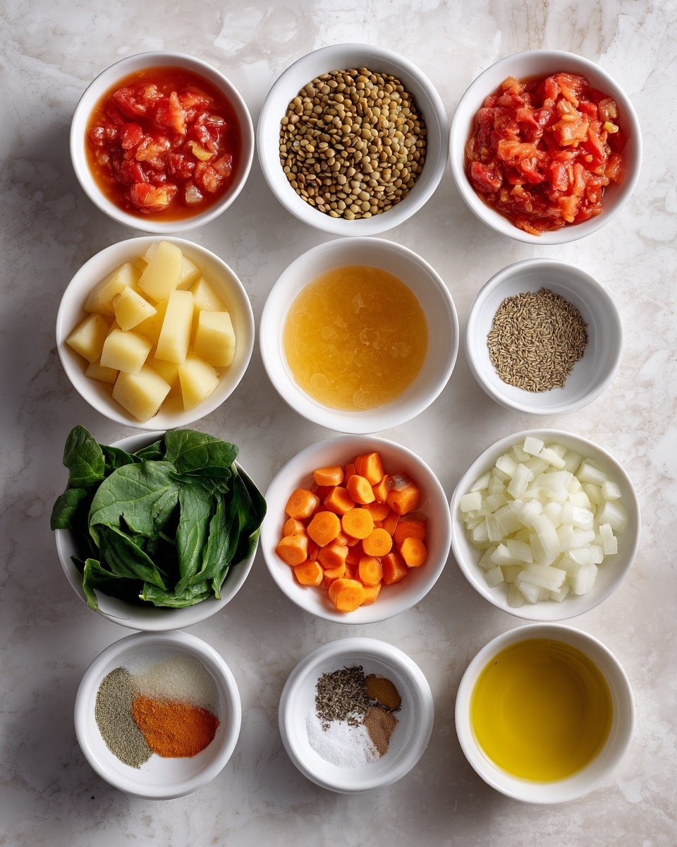 The image shows eleven small white bowls arranged on a white marbled surface. From top to bottom and left to right: a bowl filled with chopped peeled tomatoes in juice, a bowl with dry lentils, a bowl with fresh green spinach leaves, a bowl with golden broth, a bowl with peeled diced potatoes, a bowl with chopped white onion, a bowl with sliced orange carrots, a bowl with mixed spices in sections of light brown, dark brown, tan, and red, a bowl with white salt and pepper, a bowl with chopped fresh garlic, and a bowl with golden olive oil. Each ingredient is clearly visible, showing natural textures and colors. Photo taken with an iphone --ar 4:5 --v 7