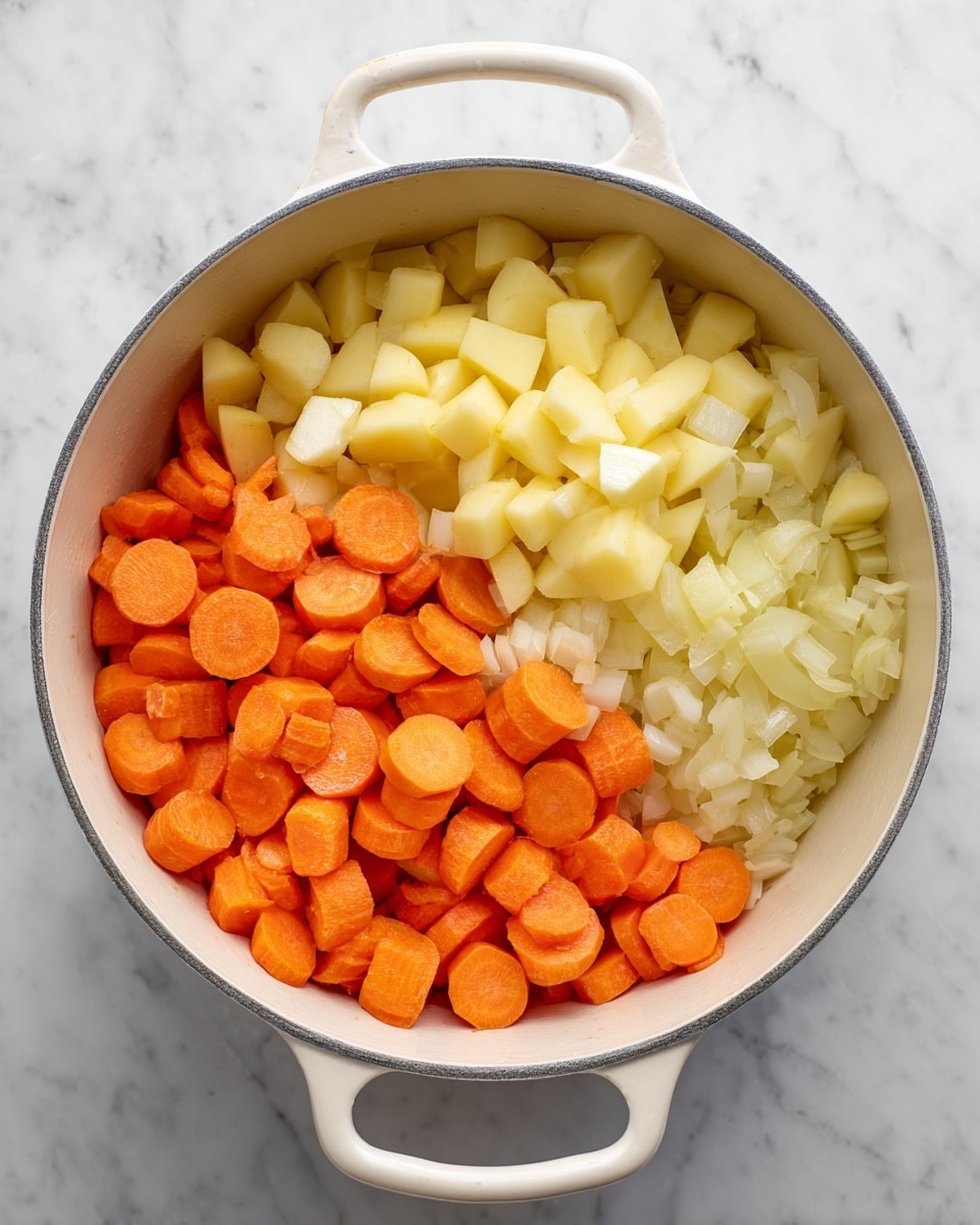 A white pot with two handles is shown from above on a white marbled surface. Inside, there are three layers of chopped vegetables arranged side by side: pale yellow diced onions on the right, light yellow diced potatoes on the top left, and bright orange round carrot slices covering the bottom half. The textures show the onions as soft and slightly translucent, the potatoes have a firm, matte look, and the carrots are smooth and fresh. photo taken with an iphone --ar 4:5 --v 7