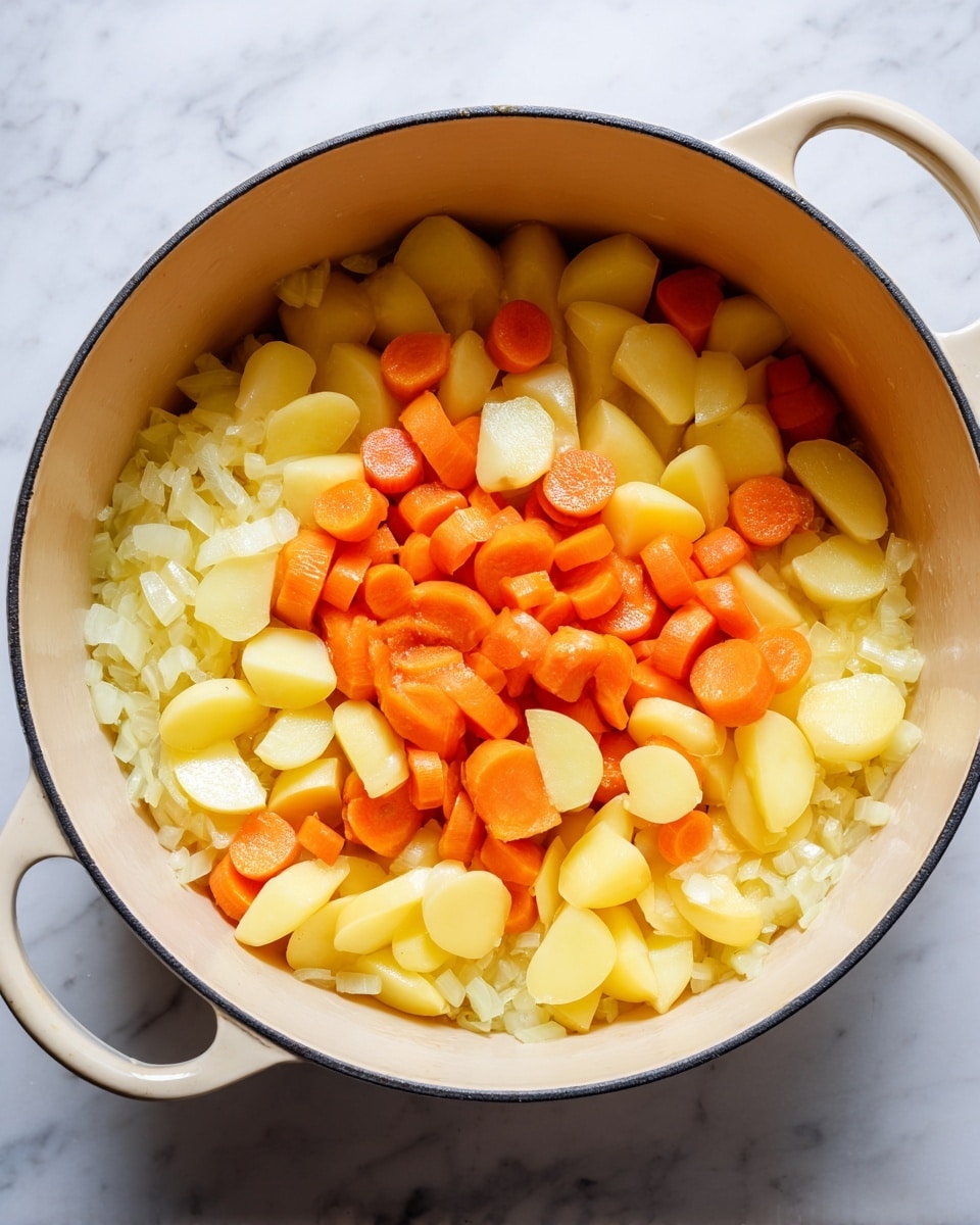 Inside a cream-colored pot, there are three layers of vegetables. The bottom layer consists of small, soft, translucent chopped onions, creating a shiny texture. On top of the onions, there are thin slices of pale yellow potato wedges, smooth and slightly glossy. Scattered among the potato slices, bright orange carrot rounds add contrast with their matte texture. The vegetables are evenly mixed and spread around the bottom of the pot. The photo was taken on a white marbled surface. Photo taken with an iphone --ar 4:5 --v 7
