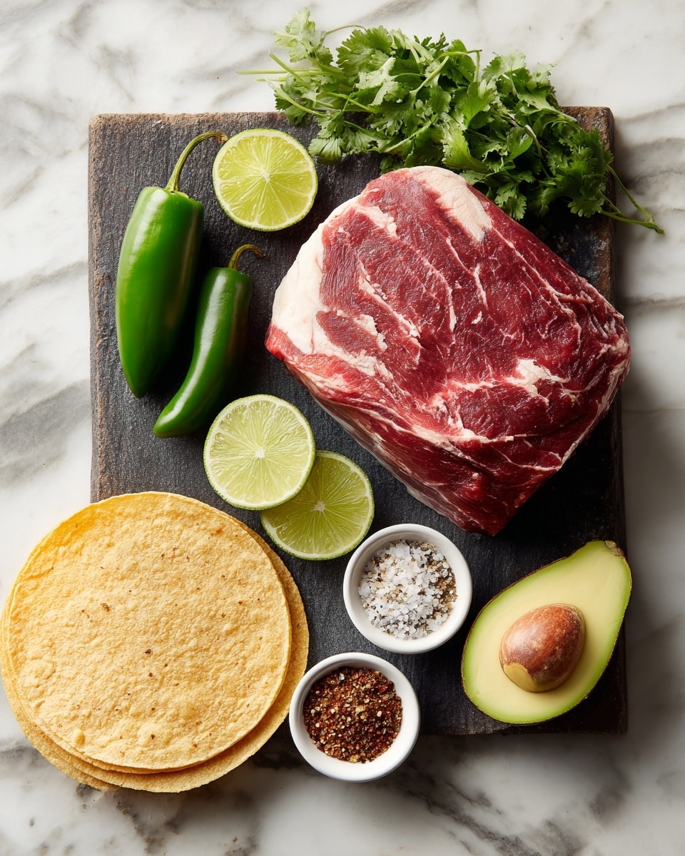 A dark cutting board rests on a white marbled surface, holding a large raw piece of red meat with white fat marbling on the top half, placed next to a sliced green chili showing bright green inside seeds. Near the center are four lime wedges, bright green and shiny, arranged loosely. To the right is a small white bowl filled with six different spices in separate sections, showing colors like red, white, black, and brown. Fresh green cilantro leaves form a small bunch on the board’s right side. On the white marble below the board are a stack of light yellow corn tortillas with textured surfaces and two halves of a ripe avocado, one with a brown seed and the other showing smooth green flesh. Photo taken with an iphone --ar 4:5 --v 7