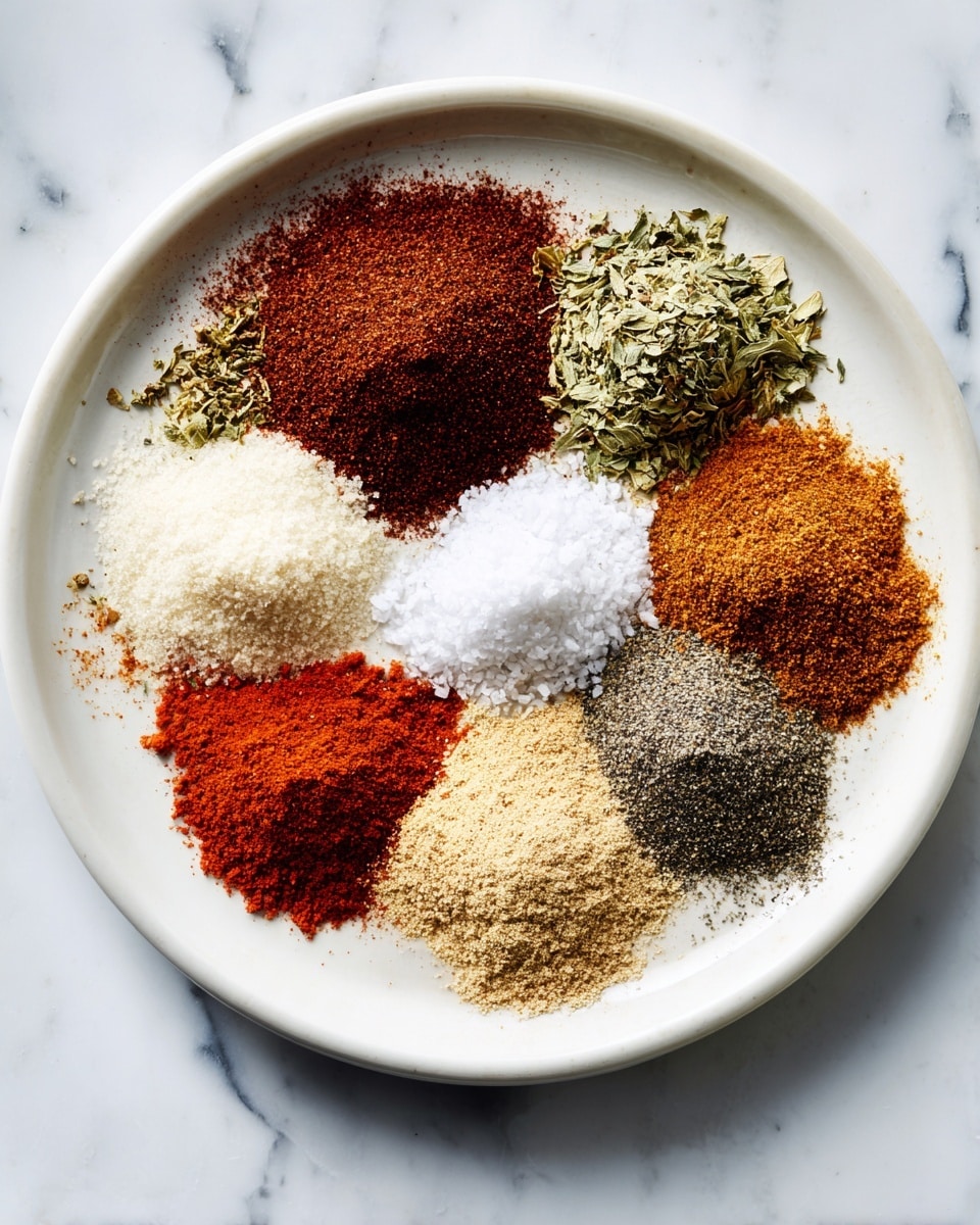 A white round plate holds eight distinct piles of spices arranged in a circular pattern, each with different colors and textures. Starting from the top and moving clockwise: a dark reddish-brown fine powder, a light green leafy mix with a coarse texture, a white flaky pile resembling salt, a bright red powder that is finely ground, a light tan powder with a soft texture, a brown powder with a slightly grainy look, a dark gray coarse powder, and a light beige powder with a grainy texture. The plate is set on a white marbled surface. Photo taken with an iphone --ar 4:5 --v 7