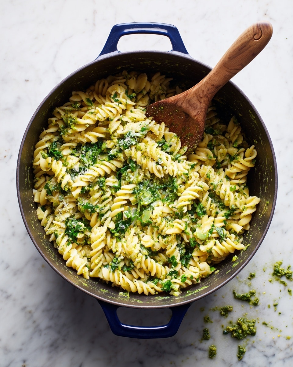 A large dark pot with two blue handles is filled with twisted pasta mixed with green vegetable pieces and sauce, giving the dish a mix of light yellow and bright green colors. A wooden spoon with a flat end rests inside the pot, partially covered by the pasta. The pot is placed on a white marbled surface, with bits of green sauce scattered near the edge. Photo taken with an iphone --ar 4:5 --v 7