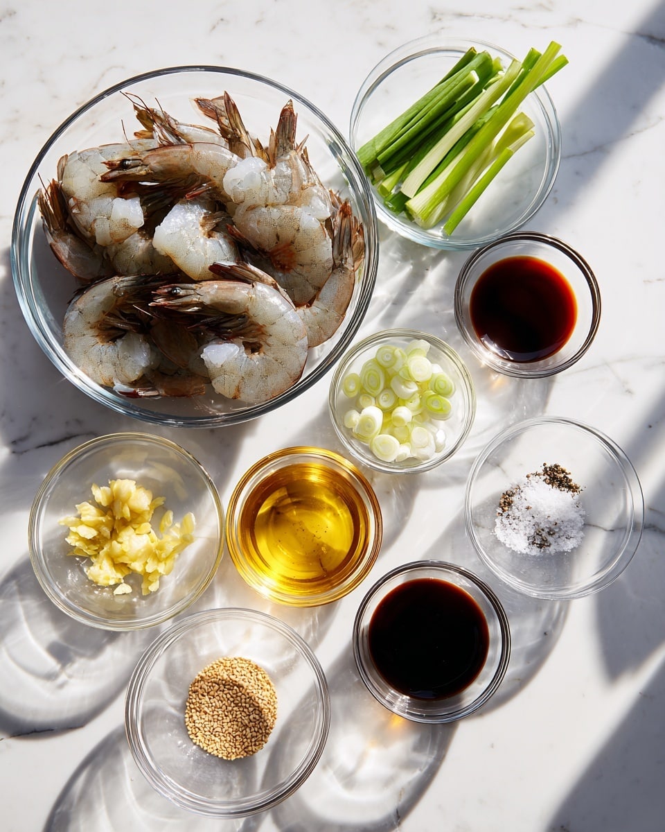 A clear glass bowl filled with about ten large raw shrimp with light gray and pink shells sits near the top left on a white marbled surface. Surrounding the bowl are eight smaller clear glass bowls each containing different ingredients: sliced green onions with bright green color at the top right, a dark soy sauce with deep reddish-brown color below it, a golden honey-like liquid near the center, light yellow minced garlic on the bottom left, light yellow minced ginger below the garlic, toasted sesame seeds with light brown color near the center bottom, a small amount of clear liquid near the bottom right, and a small bowl of coarse black pepper and salt near the top right. The strong sunlight creates sharp shadows from all bowls stretching towards the bottom right, adding bright highlights and a clean, fresh feel to the setup. Photo taken with an iphone --ar 4:5 --v 7