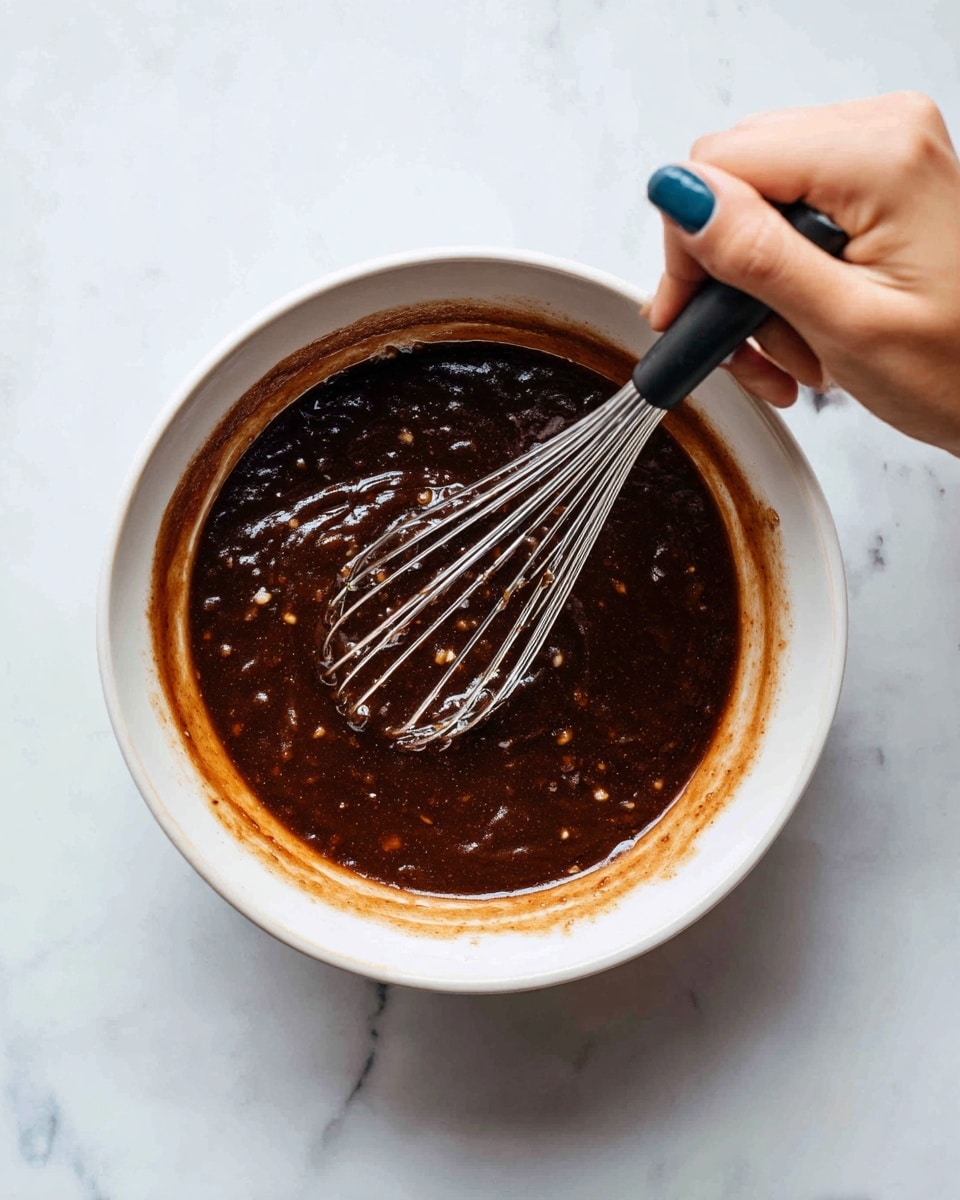 A white bowl holds a thick, dark brown sauce with small pieces of light-colored ingredients mixed in. The sauce has a shiny, sticky texture and is being stirred with a small metal whisk that has a black handle. A woman's hand with blue-painted nails grips the whisk against a white marbled surface background. The inside edge of the bowl shows a light coating of the sauce. photo taken with an iphone --ar 4:5 --v 7
