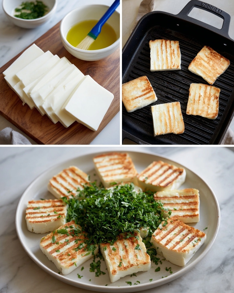 The image shows three steps of making grilled cheese slices. The first part on the top left has several slices of white cheese with a smooth texture laid out on a wooden board, next to a bowl of oil and a blue brush. The second part on the top right displays the cheese slices on a black grill pan, each piece showing clear dark brown grill marks and a light golden surface. The last part at the bottom shows the grilled cheese slices arranged on a large white plate with fresh green chopped herbs scattered on top, set against a white marbled background. Photo taken with an iphone --ar 4:5 --v 7