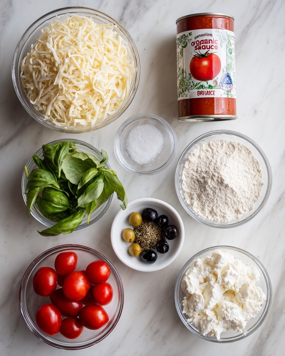 The image shows seven ingredients on a white marbled surface arranged neatly. On the top left, there is a clear glass bowl filled with cream-colored shredded cheese. Near it to the right is an unopened can of organic tomato sauce with a red tomato image on the label. Below the cheese bowl is a small clear bowl with white salt, and to its right is a larger clear glass bowl filled with white flour. Below the tomato sauce, a tiny white bowl holds dried herbs in green and brown shades. Next to it, fresh leafy green basil leaves lie on the marbled surface. At the bottom left, a clear bowl contains halved red cherry tomatoes, black olives, and green sliced olives. Finally, at the bottom right, a clear bowl is filled with white cottage cheese. photo taken with an iphone --ar 4:5 --v 7