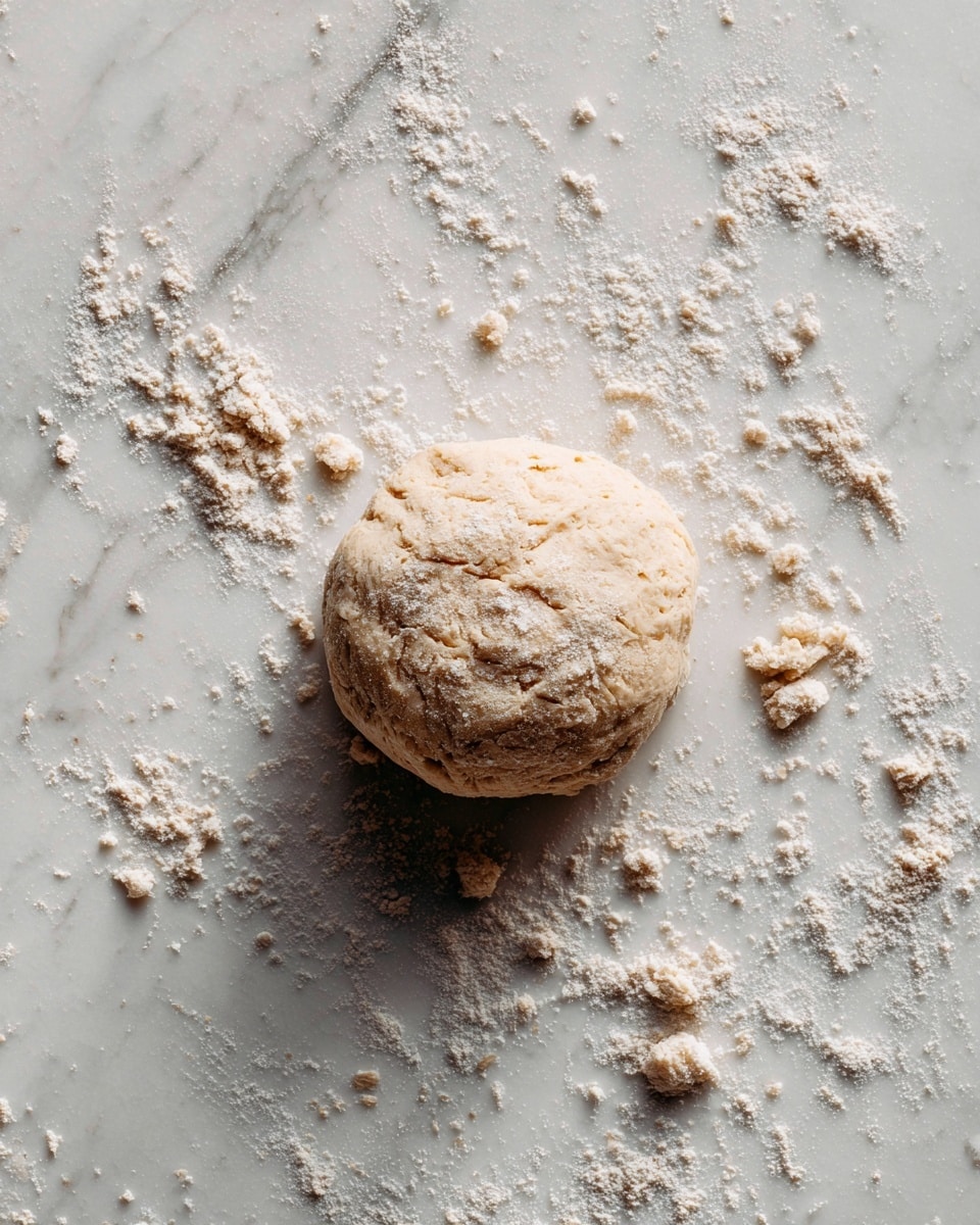 A small round dough ball sits on a white marbled surface with scattered small pieces of flour and dough around it. The dough is pale beige with a slightly rough texture, dusted lightly with white flour. The surface beneath shines softly with smooth gray veins. photo taken with an iphone --ar 4:5 --v 7
