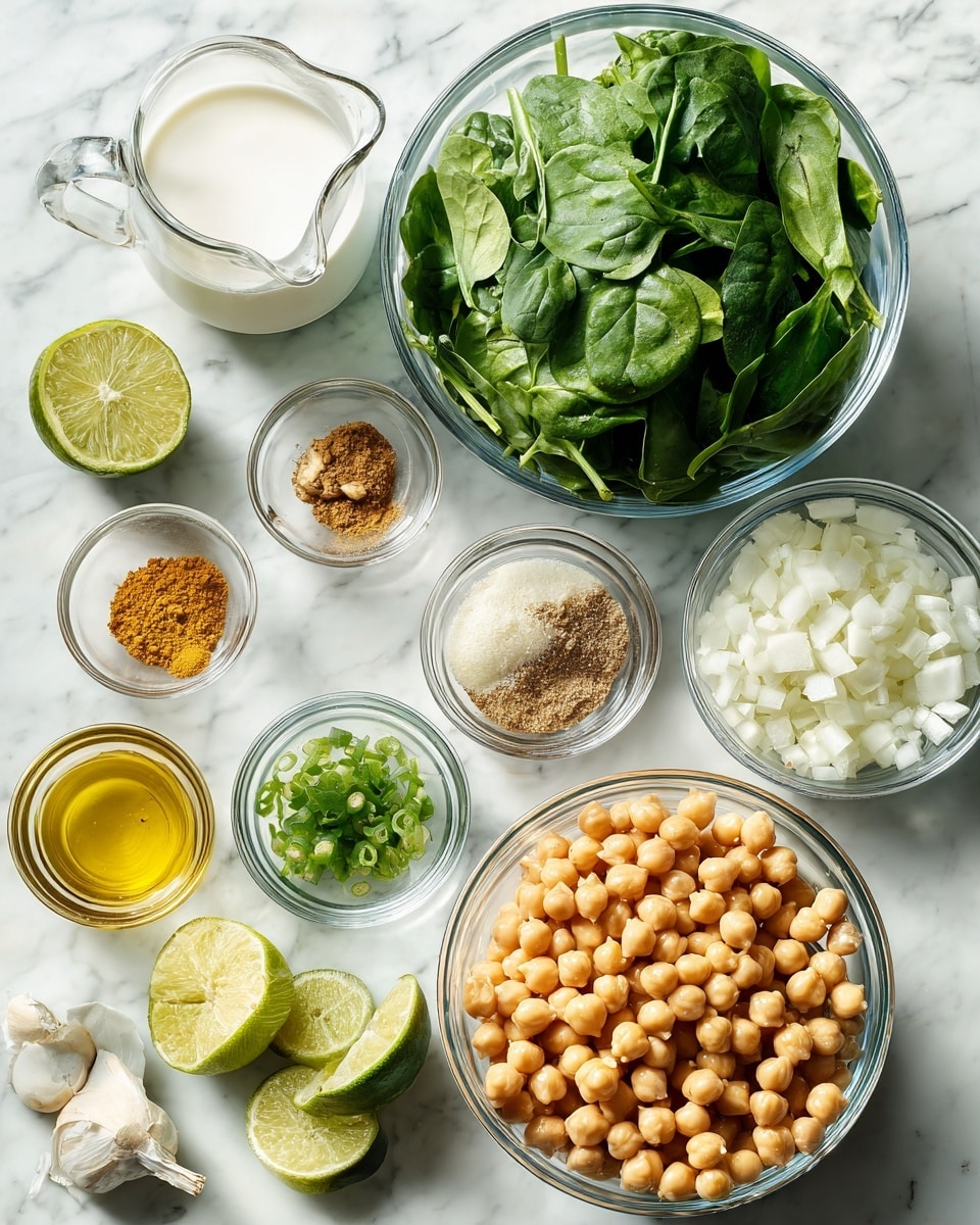 The image shows several clear glass bowls arranged on a white marbled surface, each containing a different ingredient. The largest bowl at the bottom right is filled with light tan chickpeas, while above it is a large bowl with bright green spinach leaves. To the right of the spinach is a bowl full of chopped white onions. Near the center are small glass bowls holding ground golden-brown spice, white salt, minced ginger, chopped green chilies, and two halves of a lime showing their light green inside. There is also a bowl with a thick white liquid, possibly coconut milk, towards the left. At the bottom left corner is a small bowl with minced garlic and a small pitcher holding light yellow olive oil. The ingredients are neatly placed and fully visible, making the colors and textures clear and fresh photo taken with an iphone --ar 4:5 --v 7