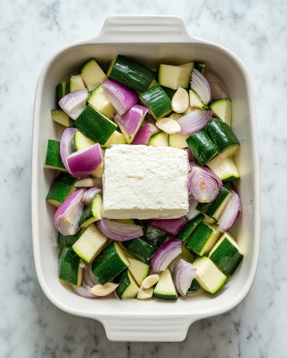 A white marbled surface shows a clear glass bowl filled with golden yellow shell pasta placed at the top left. Below it is a large leek with green and white layers lying diagonally. Near the middle is a rectangular block of white cheese with a crumbly texture. To the right of the cheese, two dark green zucchinis lie horizontally. Below the zucchinis, there are three garlic cloves and a small glass bowl of golden olive oil placed near the bottom right. A small glass bowl with red pepper flakes, black pepper, and white salt is near the center. Next to that, fresh green herbs with thin stems and small leaves lay spread out, and there is a medium-sized light brown shallot near the bottom right side. The whole setup is brightly lit on the white marbled surface photo taken with an iphone --ar 4:5 --v 7