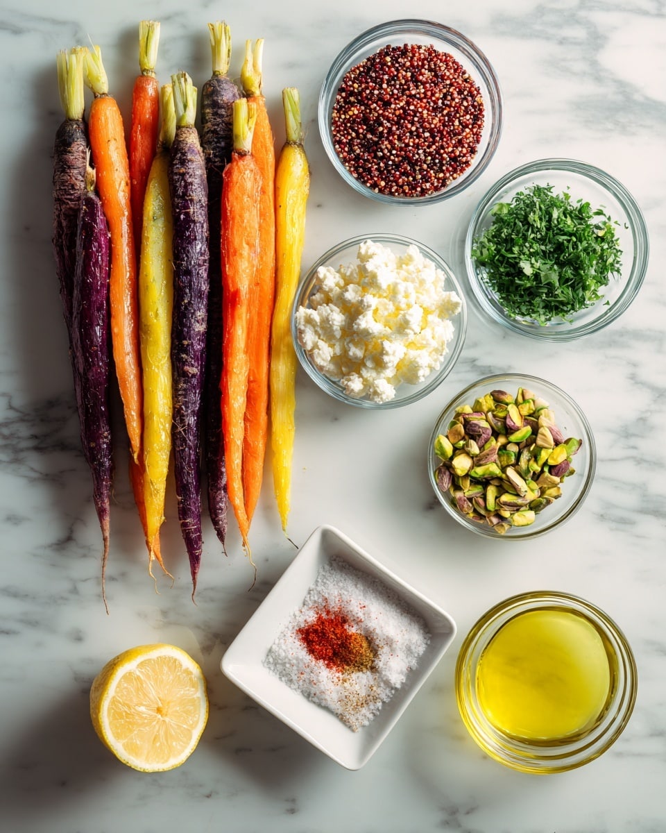 The image shows various fresh ingredients arranged neatly on a white marbled surface. On the left, there is a cluster of five colorful carrots with shades of purple, orange, and yellow. To the right of the carrots, there are five different glass bowls: one with red quinoa, one with chopped green herbs, one with white crumbled cheese, one with chopped pistachios, and a small bowl with grated ginger. Below these, there is a white square dish containing a mix of white salt and red paprika. Next to it is a small glass bowl filled with golden olive oil. In the lower right corner, there is a half lemon with a pale yellow interior visible. photo taken with an iphone --ar 4:5 --v 7
