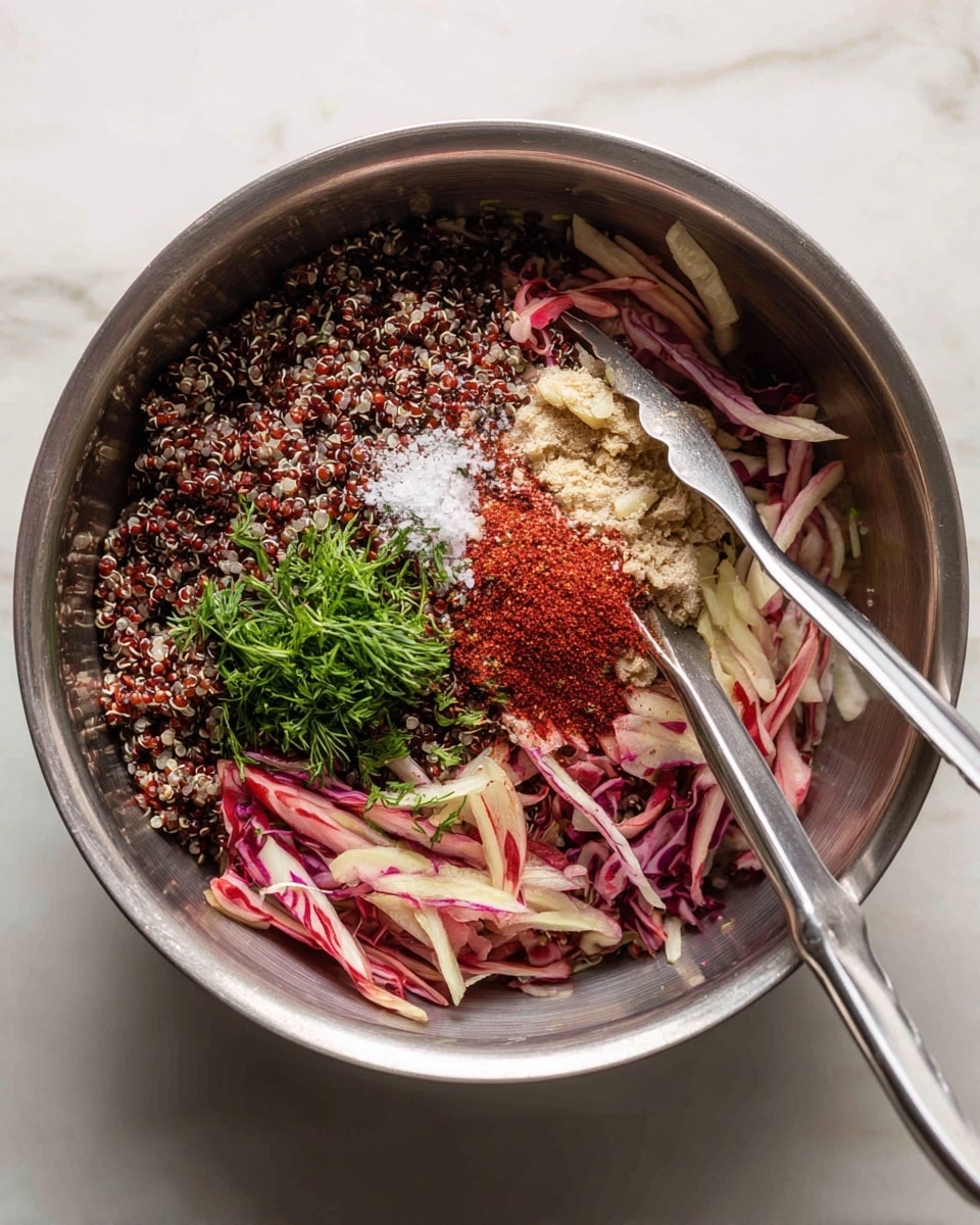 A large silver mixing bowl sits on a white marbled surface, filled with layers of ingredients ready to be mixed. At the base, there are scattered dark red quinoa grains with a slightly shiny texture. On top of the quinoa, there are long, thin strips of red and white vegetables, likely thinly sliced root vegetables or cabbage, creating a colorful base with a mix of red, pink, and pale creamy colors. In the center, there is a small heap of finely chopped fresh green herbs, including bright green dill and parsley, adding freshness and texture. To the right side of the herbs, a pile of red spice powder is sprinkled with some white salt on top, giving a contrast in color. A pair of silver tongs rests inside the bowl, partially touching the ingredients. The photo is taken with an iphone --ar 4:5 --v 7