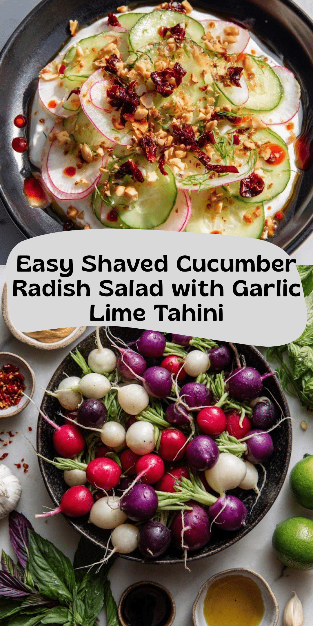 Lime Rfadish Inside Shaved Cucumber Radish Salad with Garlic Lime Tahini & Basil
