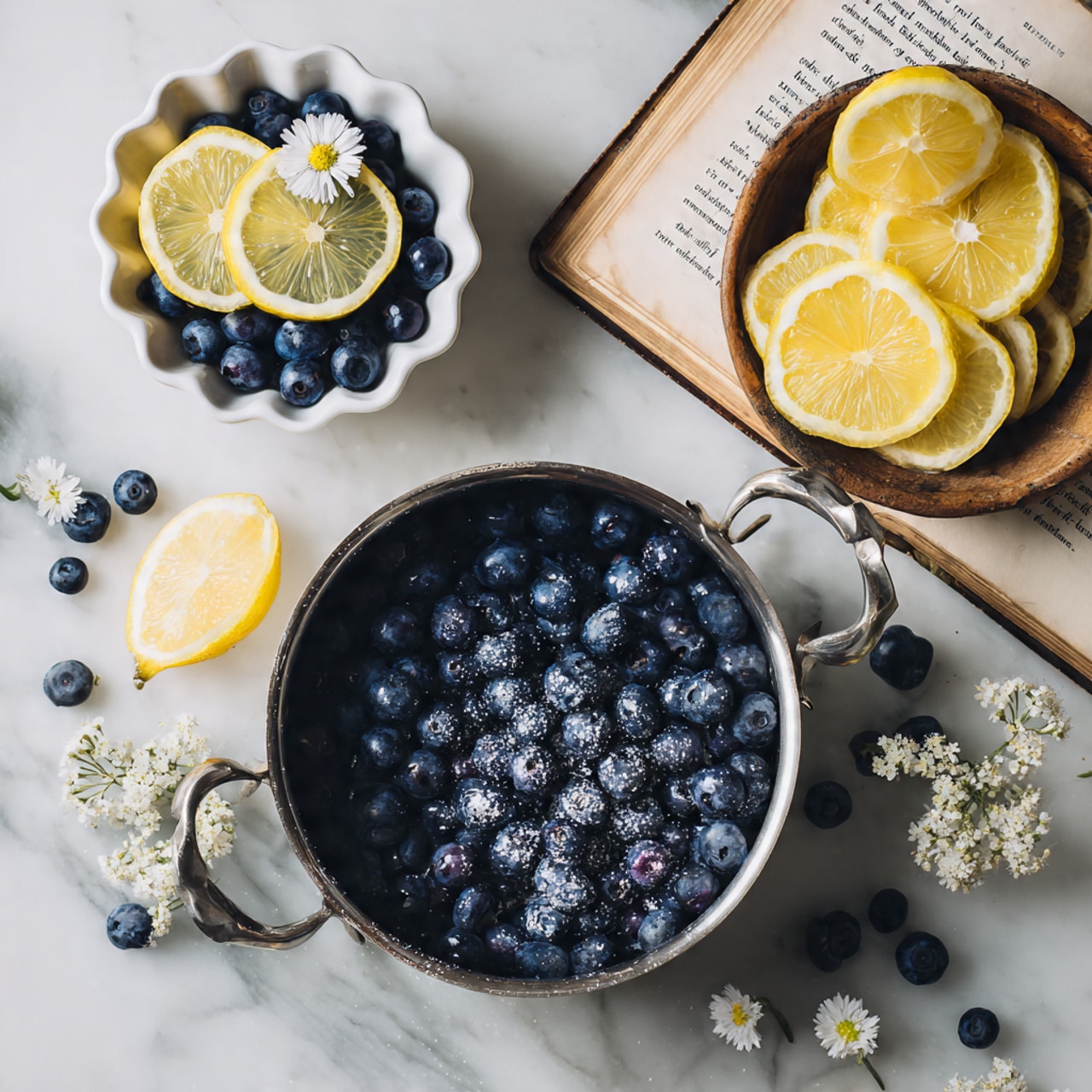 A shiny metal pot filled with dark blue blueberries covered lightly in sugar sits on a white marbled surface. To the top left, a white scalloped bowl is full of fresh blueberries with three bright yellow lemon wedges on top, decorated with a small white flower. To the top right, a wooden bowl on an open book holds three thin lemon slices arranged in a fan shape with another white flower beside them. Scattered blueberries and lemon wedges with white flowers are placed around, all on the white marbled surface. photo taken with an iphone --ar 4:5 --v 7