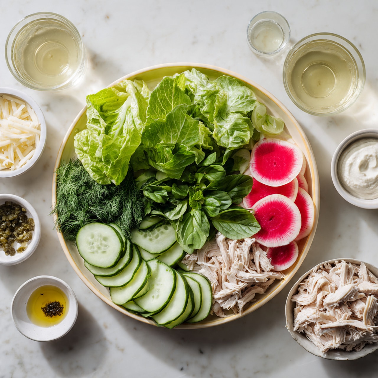 A clear glass bowl contains a smooth, creamy green sauce with specks of darker green herbs spread evenly throughout. The sauce layer has a light texture and fills the bowl almost to the bottom, showing slight swirls along the edges. Above and to the left, a white bowl holds a thick, light mustard-yellow sauce with visible spirals, and a white spoon rests inside it. The setting is on a white marbled surface with some faint discoloration around the bowls. photo taken with an iphone --ar 4:5 --v 7