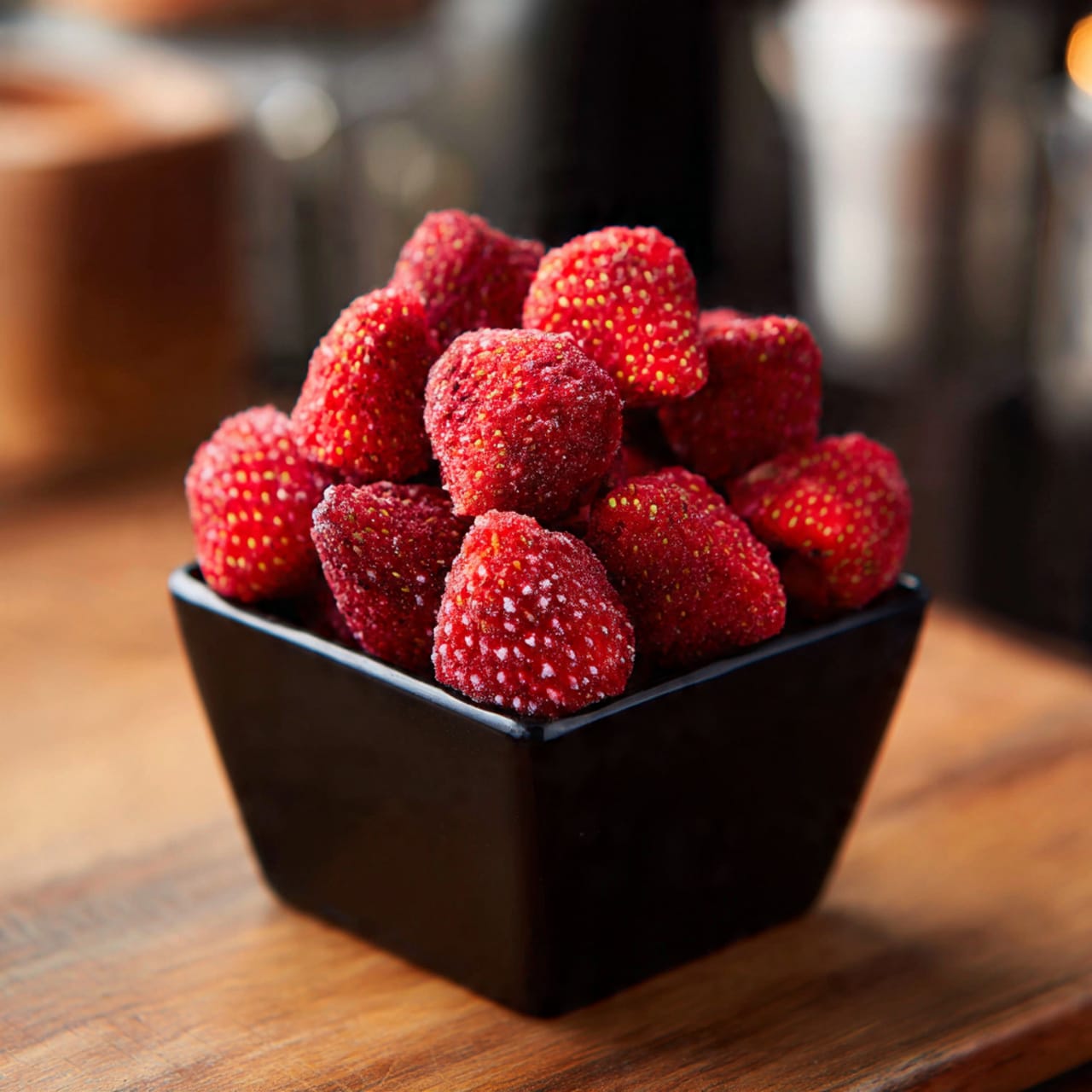 A close-up shot shows a black container filled with a group of red freeze-dried strawberries. Each strawberry is whole, round, and textured with visible tiny yellow seeds all over their surface. The strawberries have a slightly rough and dry look, stacked loosely inside the container which sits on a surface that is out of focus but appears wooden with blurred kitchen items in the background. Photo taken with an iphone --ar 4:5 --v 7