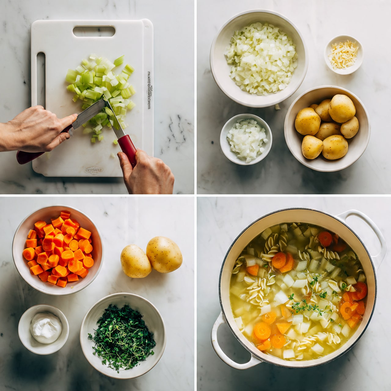 The image shows four steps of making a vegetable soup. The first frame has a woman's hand using a knife to chop light green celery on a white cutting board with red handles, beside a white bowl of finely chopped onions, a white bowl of round carrot slices, and four peeled yellow potatoes on a white marbled surface. The second frame shows a white bowl with chopped orange carrots, diced yellow potatoes, light green celery, and white chopped onions in separate sections on the same white marbled surface. The third frame shows a white pot filled with water, round carrot slices, and orzo pasta on a wooden surface. The fourth frame shows the cooked soup in the same white pot with visible pieces of carrots, celery, potatoes, orzo, fresh green herbs, and small dollops of white sour cream, all on a white marbled background. photo taken with an iphone --ar 4:5 --v 7
