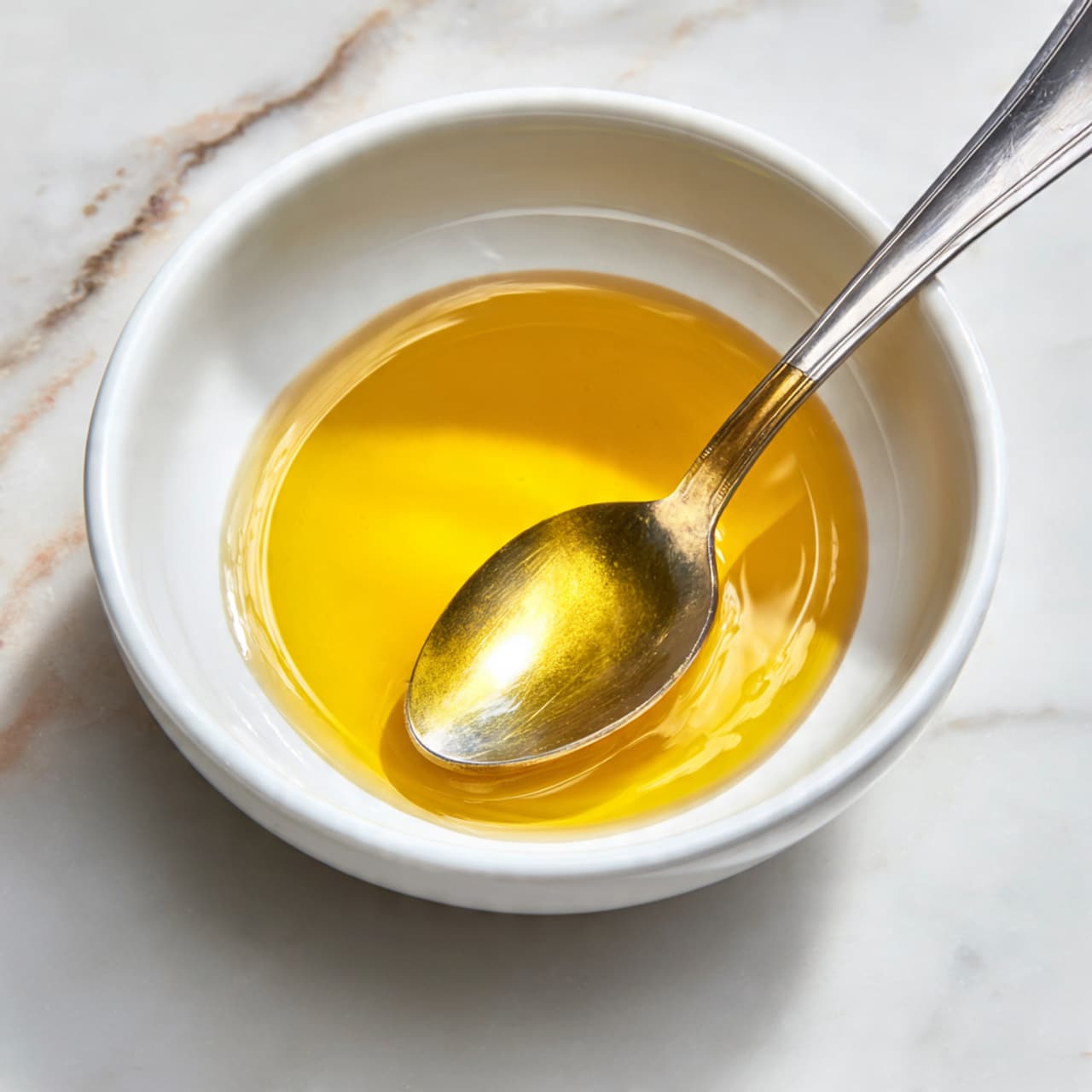 A white bowl holding a smooth, golden-yellow liquid with a slightly glossy texture. Inside the bowl lies a silver spoon with a golden handle, resting at an angle with the spoon part partially submerged in the liquid. The bowl sits on a white marbled surface with light grey and beige veins. The overall image is bright and clean, focusing on the simple, shiny liquid and the reflective spoon photo taken with an iphone --ar 4:5 --v 7
