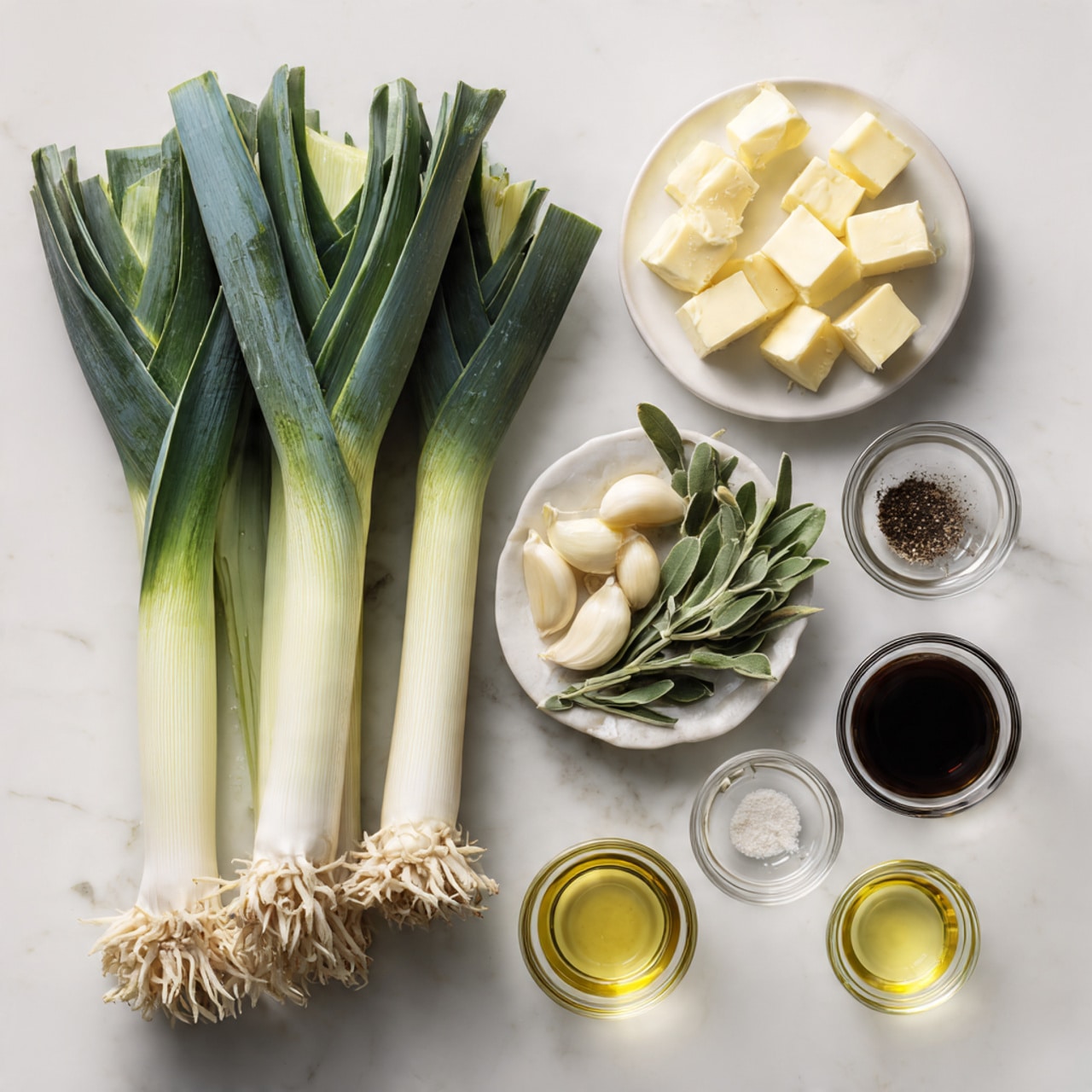 The image shows fresh ingredients placed neatly on a white marbled surface. On the left, there are three long green and white leeks with their roots visible. To the right, there are several small glass bowls: one with cubes of pale yellow butter, another with peeled garlic cloves, a plate holding green sprigs of fresh herbs, a bowl with dark brown liquid broth, a small bowl with black pepper, a small bowl of salt, and another small bowl with light golden oil. All dishes are clear glass or white dishware, arranged cleanly and evenly spaced. photo taken with an iphone --ar 4:5 --v 7