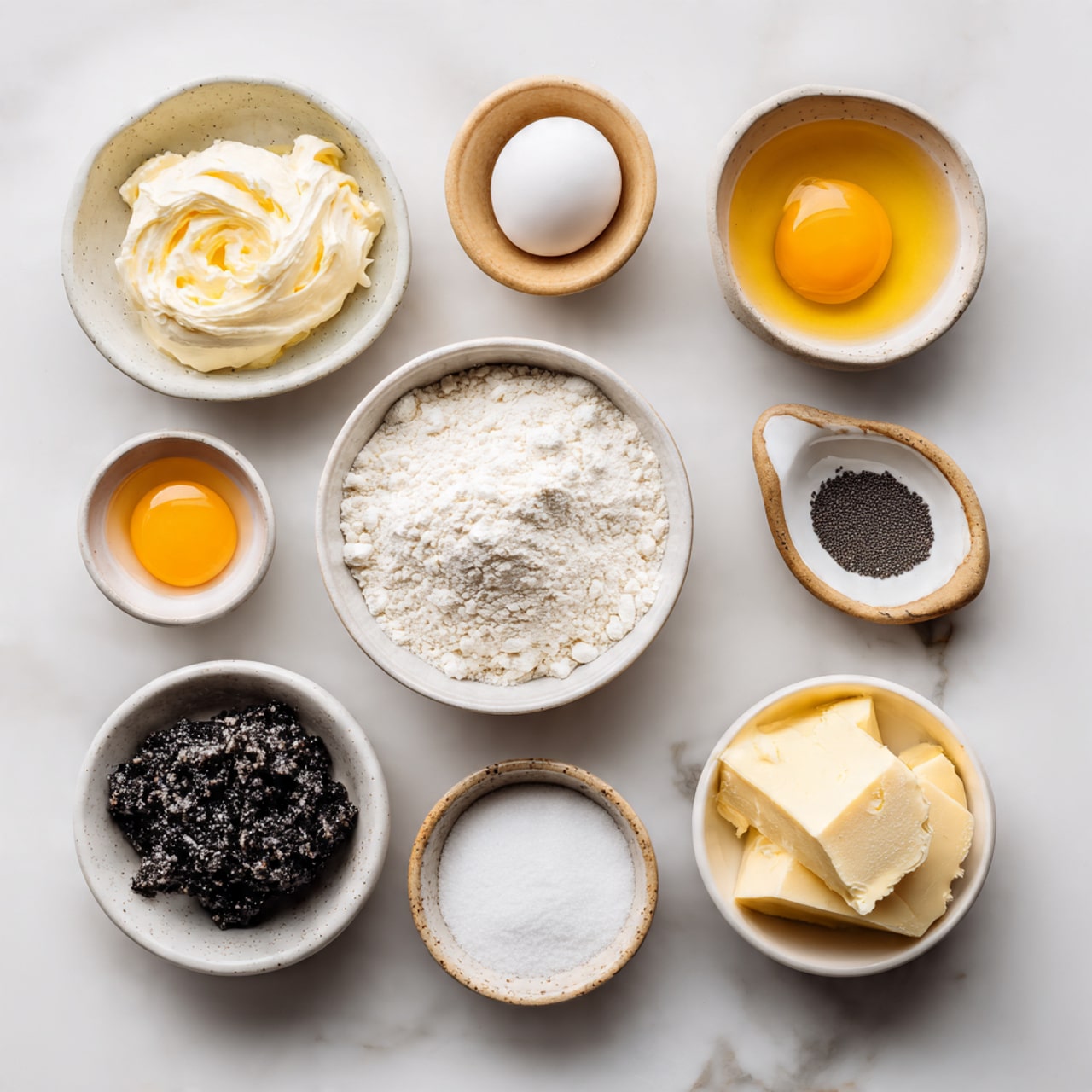 The image shows a six-step process of mixing and shaping dough in a light blue stand mixer and hands working on a white marbled surface. The first row has three images: the first shows a woman's hand pouring white powder into the mixer's silver bowl containing a mix of light cream and one orange egg yolk; the second image captures the white beater attachment covered in thick, creamy, paler dough above the bowl; the third image shows the rough, crumbly, pale beige dough inside the bowl. The second row has three images of the shaped dough on a white marbled surface: first, two woman's hands holding a round disk of rough textured beige dough; second, the dough disk placed flat with four cuts dividing it into quarters; third, a woman's hand holding a smaller round dough piece after separating one quarter from the larger dough. Photo taken with an iphone --ar 4:5 --v 7