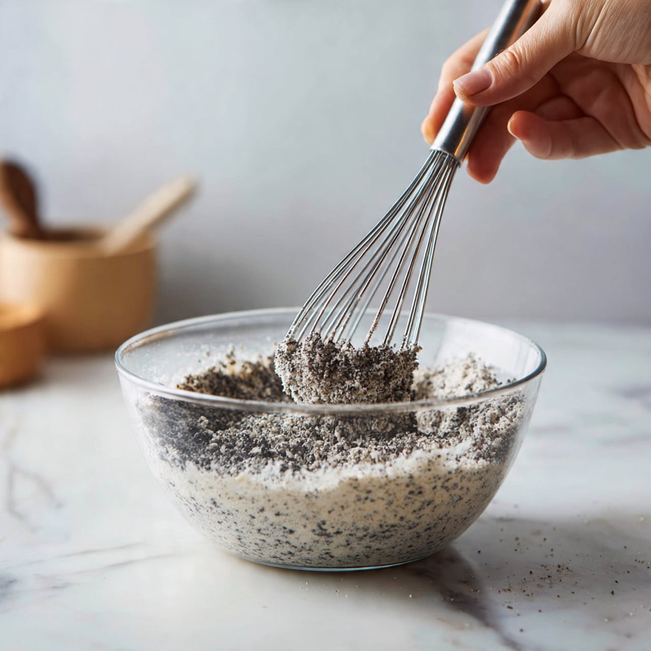 A clear glass bowl filled with bright red strawberries cut in halves, showing their shiny, textured surface and small seeds. Above the bowl, a woman’s hand is squeezing a fresh, green lemon, with the lemon's textured skin and bright color clearly visible. In the background, a jar of brown powder can be seen slightly out of focus, all placed on a white marbled surface. photo taken with an iphone --ar 4:5 --v 7