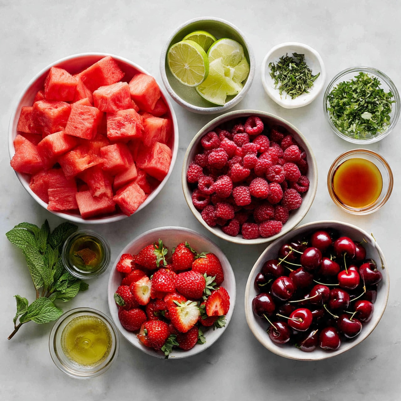 Two images side by side on a white marbled surface: the left image shows a white bowl filled with a green sauce made of finely chopped herbs mixed with oil, creating a glossy and slightly chunky texture; the right image features a clear glass bowl filled with bright red sliced strawberries and whole raspberries, topped with some of the same green herb sauce, giving a fresh and colorful look. photo taken with an iphone --ar 4:5 --v 7