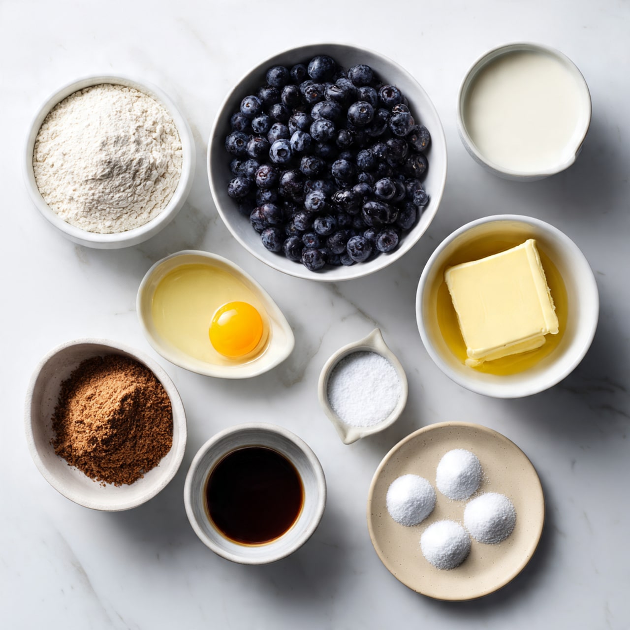 The image shows various ingredients arranged in separate white bowls placed on a white marbled surface. The largest bowl is filled with fresh blueberries, dark blue and round, slightly shiny. Next to it is a bowl with a single raw egg, showing a bright yellow yolk and clear egg white. Another bowl contains milk, smooth and white, and near it, a bowl of melted yellow butter. A bowl of white flour has a powdery texture, and a smaller bowl holds brown sugar with a crumbly, sandy texture. There is also a tiny bowl with dark brown vanilla extract, glossy and liquid-like. A small plate holds three white powders, likely baking powder, baking soda, and salt, spaced apart on a beige smooth plate. Finally, a small measuring cup has white granulated sugar. photo taken with an iphone --ar 4:5 --v 7