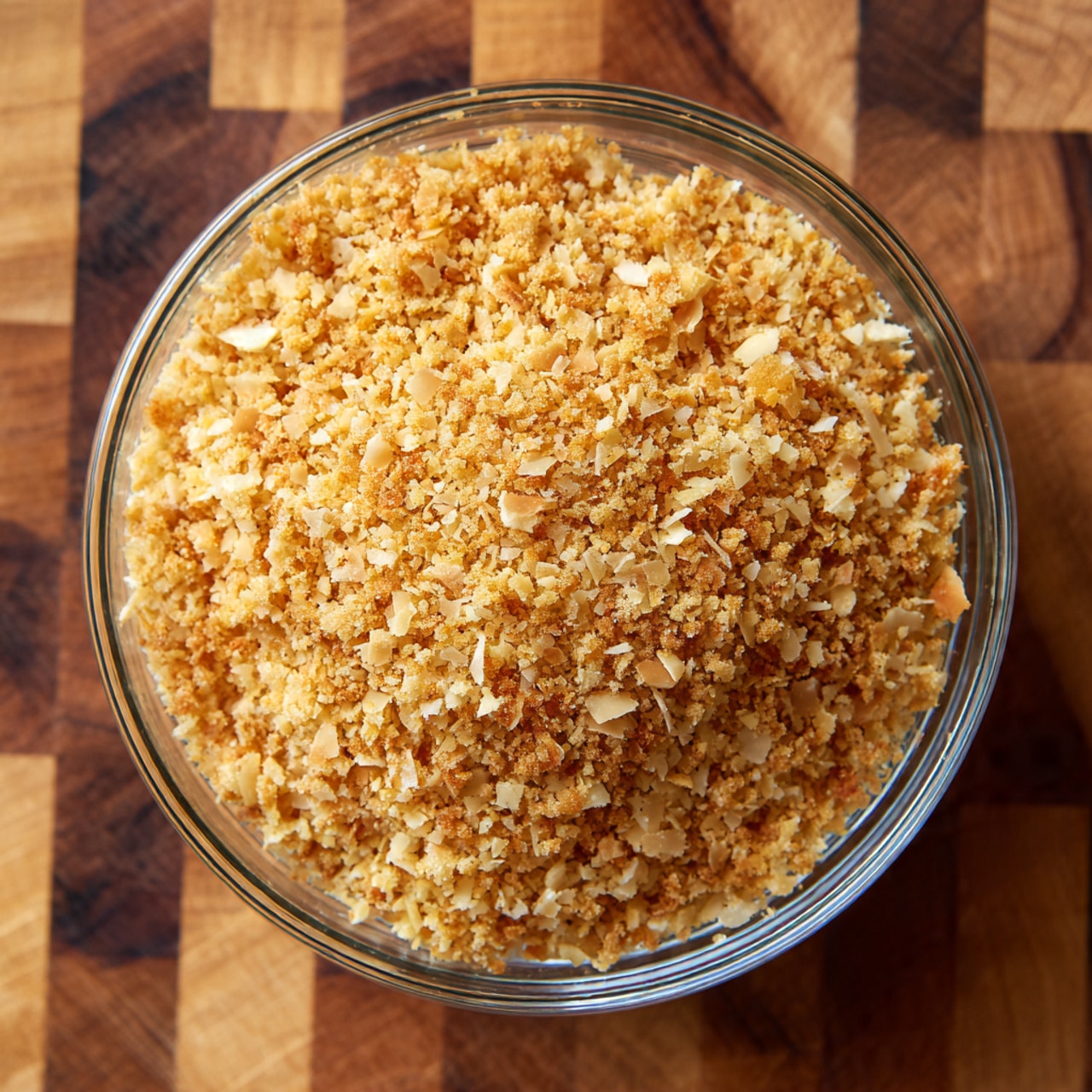 A clear glass bowl filled with a single layer of golden brown toasted breadcrumbs. The breadcrumbs have a rough, crumbly texture with small flakes and bits showing various shades of golden and light brown. The bowl sits on a wooden cutting board with a checkered pattern of medium to dark brown wood tones. The photo is clear and focused from above, showing the entire bowl and its contents. photo taken with an iphone --ar 4:5 --v 7