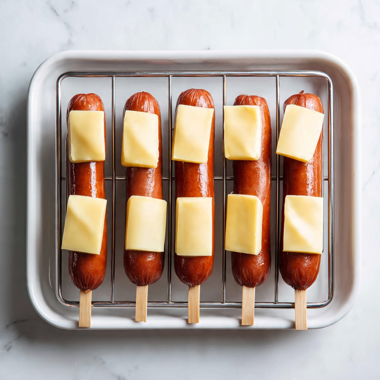 Six skewered sausages are placed side by side on a silver metal rack inside a white tray. Each sausage is topped with a rectangular slice of pale yellow cheese that covers the top part of the sausage. The sausages have a smooth, reddish-brown surface and are evenly spaced in a neat row. The tray is set on a white marbled surface. photo taken with an iphone --ar 4:5 --v 7