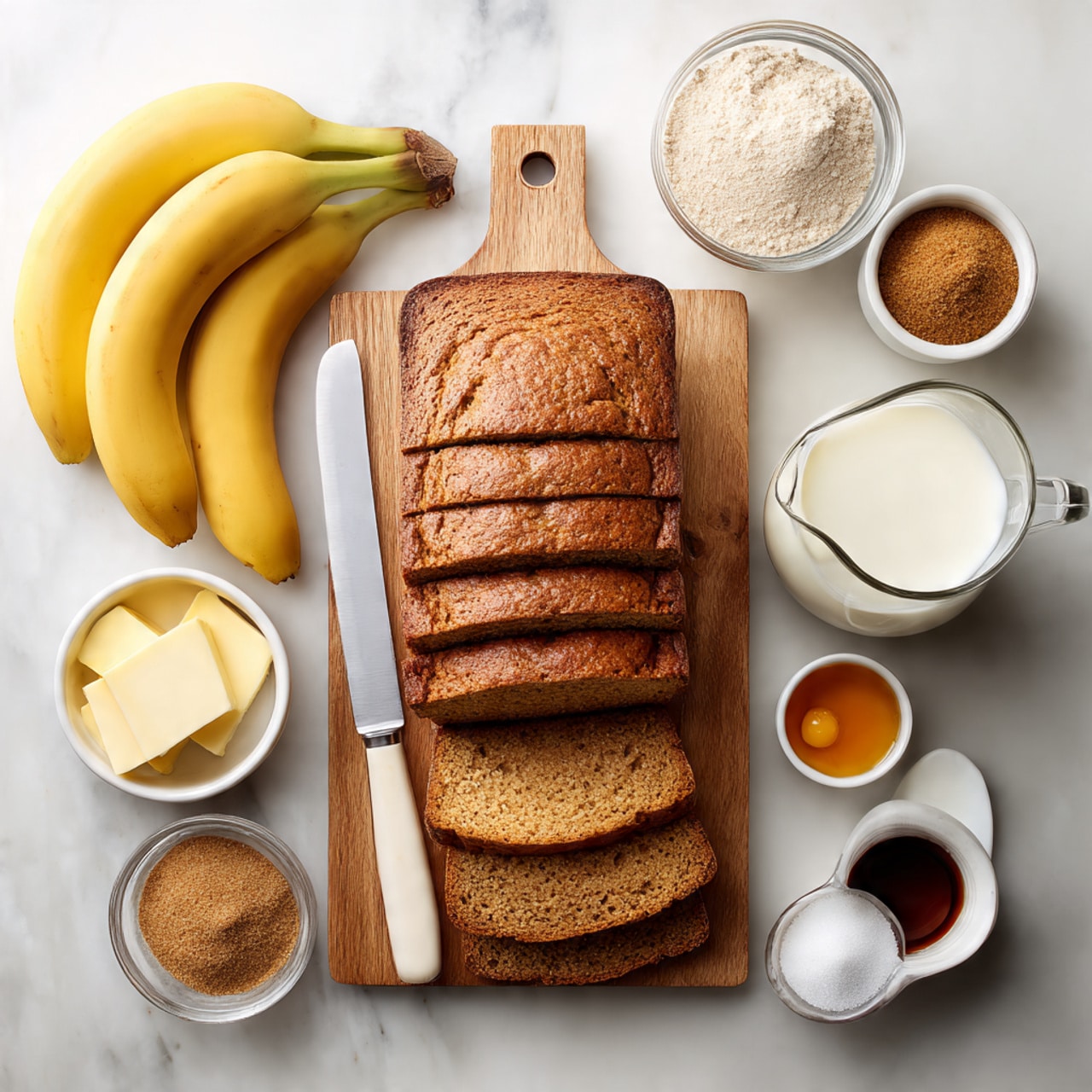 A wooden cutting board sits on a white marbled surface, holding a loaf of golden brown bread sliced into thick pieces arranged in two rows. Next to the bread lies a large silver knife with a white handle. Around the cutting board, there is a bunch of ripe yellow bananas at the top left, a glass pitcher filled with white milk beside them, and a small white bowl filled with light brown sugar at the top right. Close to the bottom left of the bread, there is a small bowl with a cube of butter, a small clear bowl with brown ground cinnamon, and a white pitcher containing a mix of beaten eggs with a small whisk inside. On the bottom right near the bread, there is a small glass bowl with dark vanilla extract and a white bowl filled with granulated white sugar. photo taken with an iphone --ar 4:5 --v 7