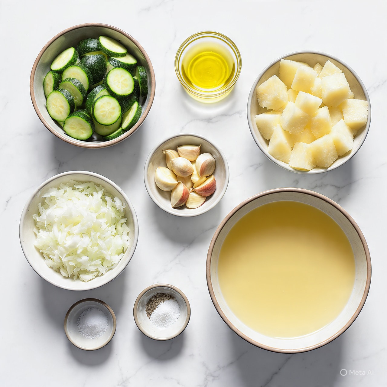 A white bowl filled with smooth, light green soup with a creamy texture sits on a green and white striped cloth over a white marbled surface. A silver spoon dips into the bowl, lifting the soup, which drips gently back into the bowl. In the background, fresh green zucchinis rest in a brown wicker basket out of focus. Photo taken with an iphone --ar 4:5 --v 7