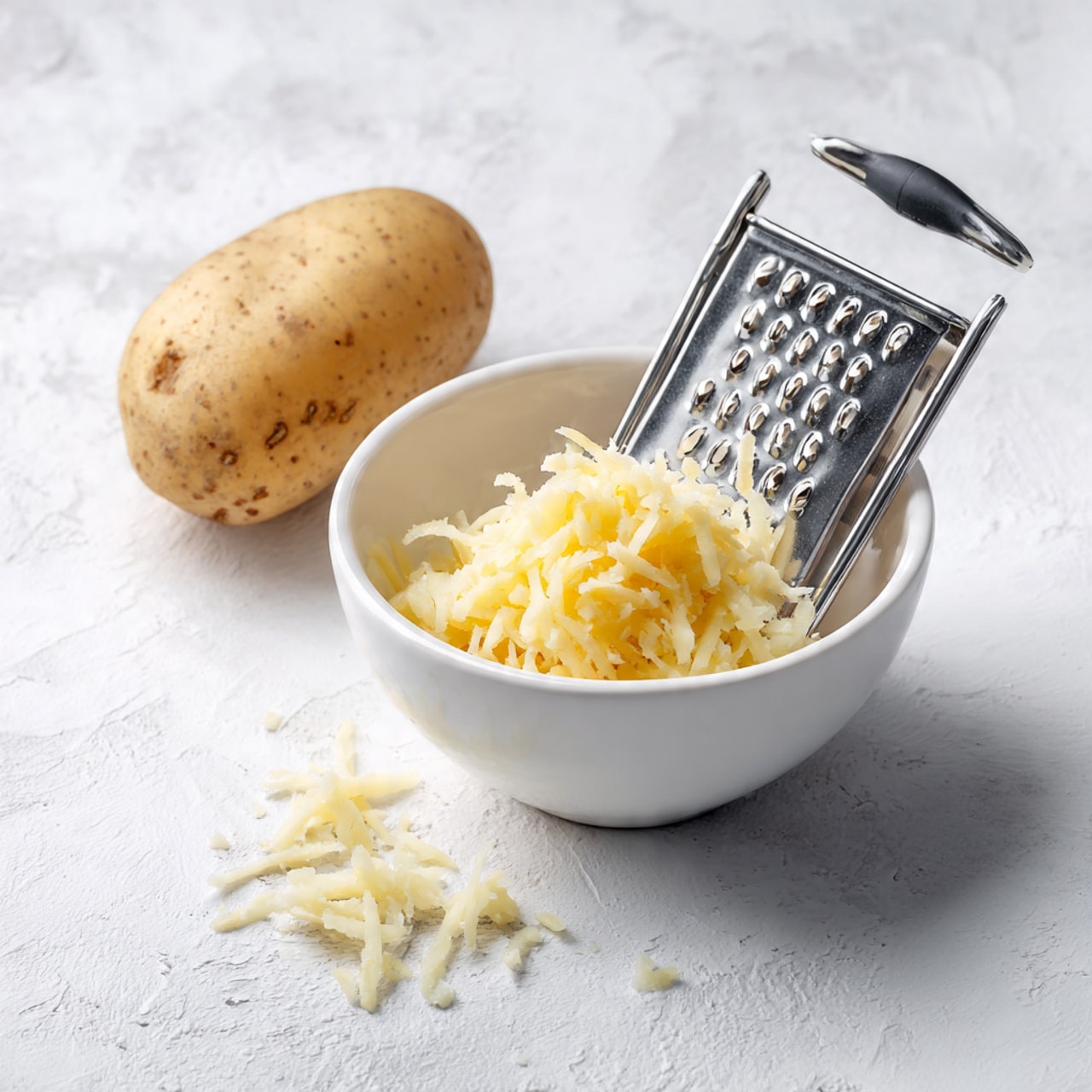 A white bowl holds a small pile of finely grated pale yellow potato, with a peeled whole potato resting on a silver metal grater that is placed diagonally inside the bowl. The grater has a black handle, and the background is a white marbled surface. Photo taken with an iphone --ar 4:5 --v 7