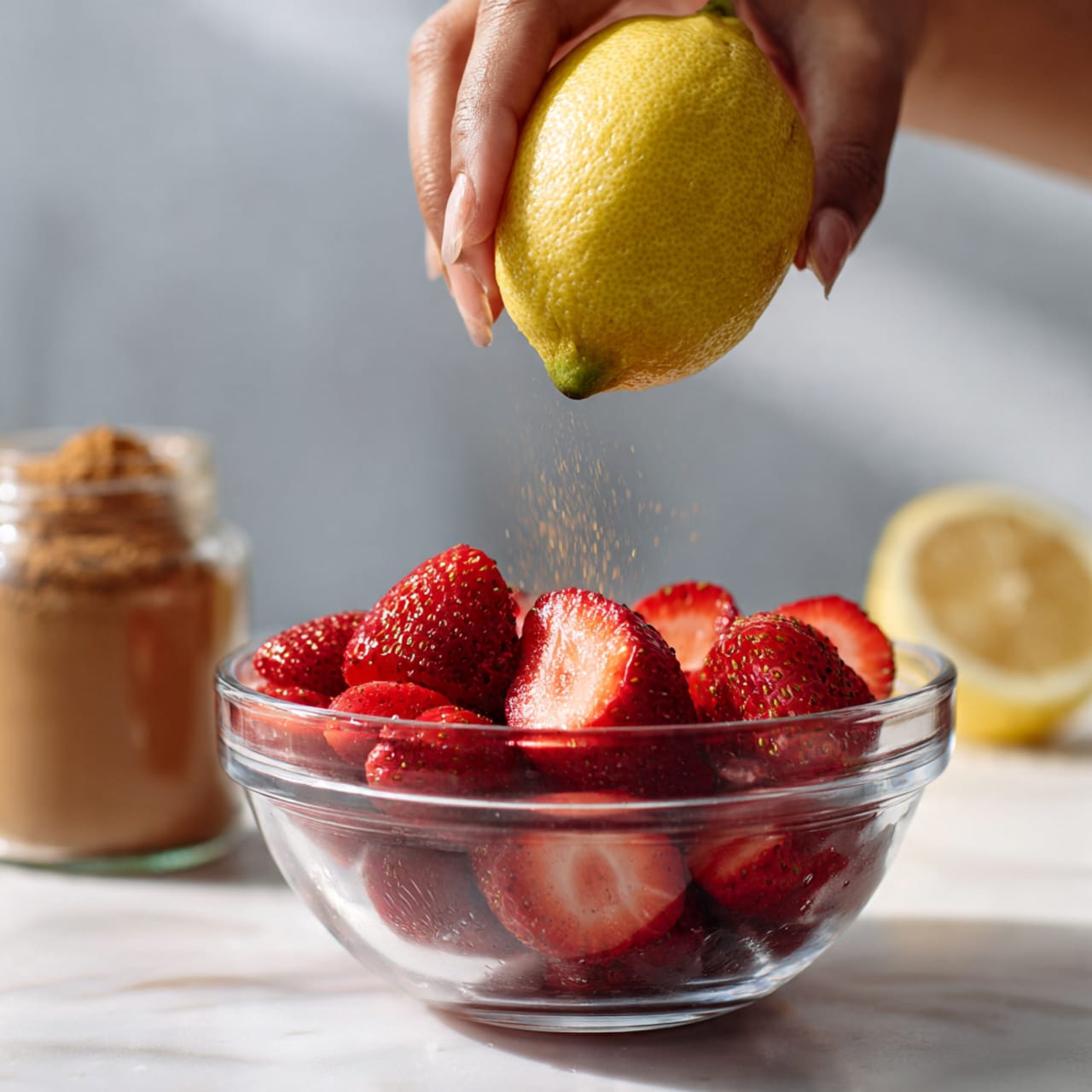 A clear glass bowl sits on a white marbled surface, filled with a mix of black and white powder ingredients that appear slightly grainy and clumped together. A woman's hand holds a metal whisk, partially blurred in motion, stirring the mix from the top right corner of the image. The black powder spreads unevenly across the bowl’s interior, combined with scattered white powder layered throughout. The background shows soft neutral tones with parts of a wooden object slightly visible. photo taken with an iphone --ar 4:5 --v 7