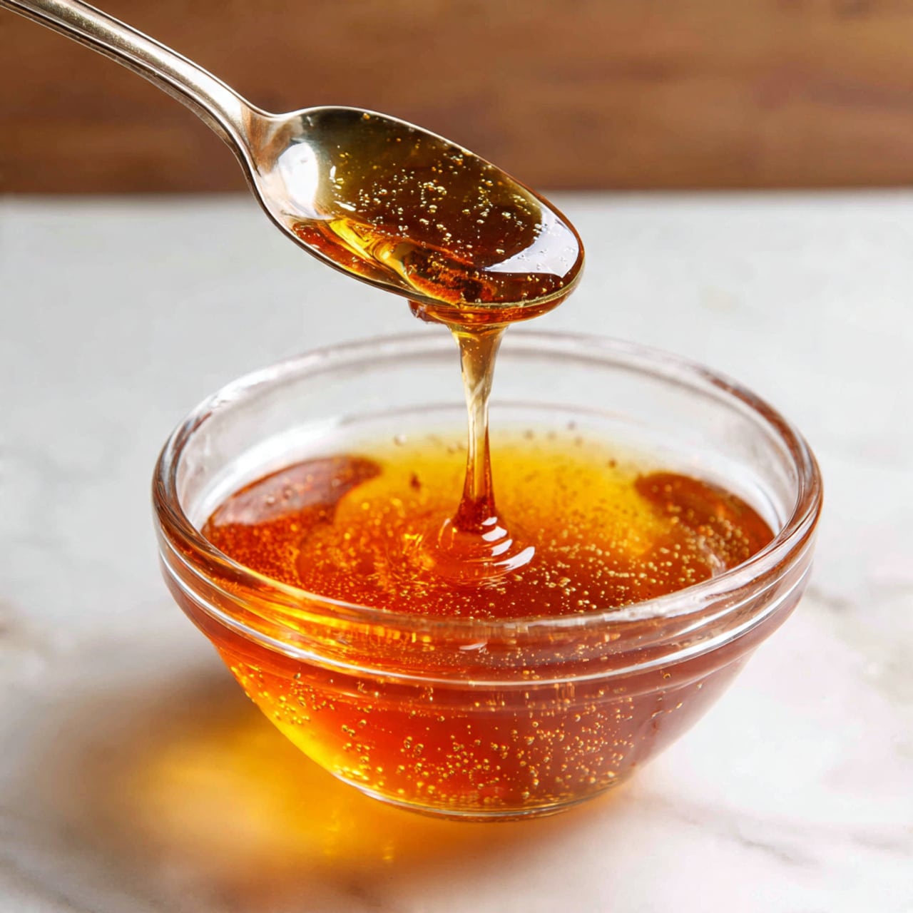 A clear glass bowl is placed on a white marbled surface, filled with amber-colored liquid that has small bubbles floating on top. Above the bowl, a metal spoon is held, showing a thick dark golden syrup dripping slowly back into the bowl. The spoon's shiny surface reflects the light, and the syrup's texture is sticky and smooth with glistening spots. Behind, a wooden surface is slightly visible, giving warmth to the scene. photo taken with an iphone --ar 4:5 --v 7