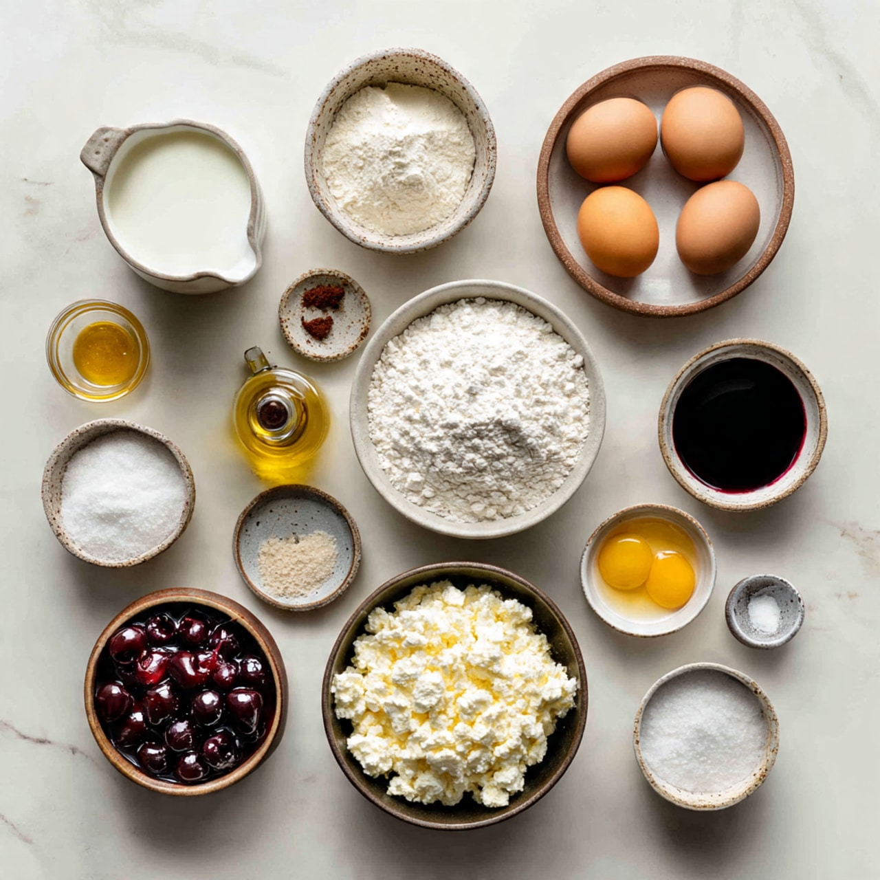 The set of images shows the steps of making a dish starting with a clear blender container on a white marbled surface containing white flour and a yellow liquid, followed by the blended smooth pale yellow batter. Next, a thin, round, golden-yellow crepe is cooking in a black pan on a stove with white knobs below. The crepe is then laid flat on a white plate. A white bowl with a mixture of white cottage cheese, a yellow egg yolk, and brown vanilla extract is then shown on the white marbled surface. This cheese filling is spread evenly over the crepe on the white plate. The final two images show several rolled and stuffed crepes frying in the black pan, first light golden and then golden brown on the stove. Photo taken with an iphone --ar 4:5 --v 7