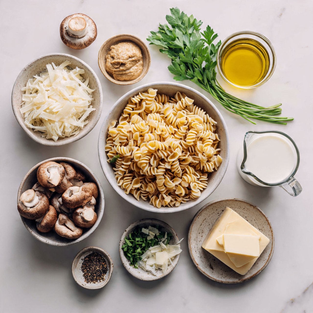 The image shows a close-up of a metal pan with creamy white liquid filling most of the space. On the left side, small dark brown mushroom slices float on top, showing their curved shapes and slightly shiny texture. In the center and toward the right, a silver spoon holds a chunk of thick, soft brown paste, which looks smooth with some cracks. The pastel cream liquid has a few small bubbles near the mushrooms and some tiny dark bits spread unevenly. A woman's hand holds the spoon from the right edge of the frame, and the background shows a white marbled surface with a blurred yellow bottle in the corner. Photo taken with an iphone --ar 4:5 --v 7