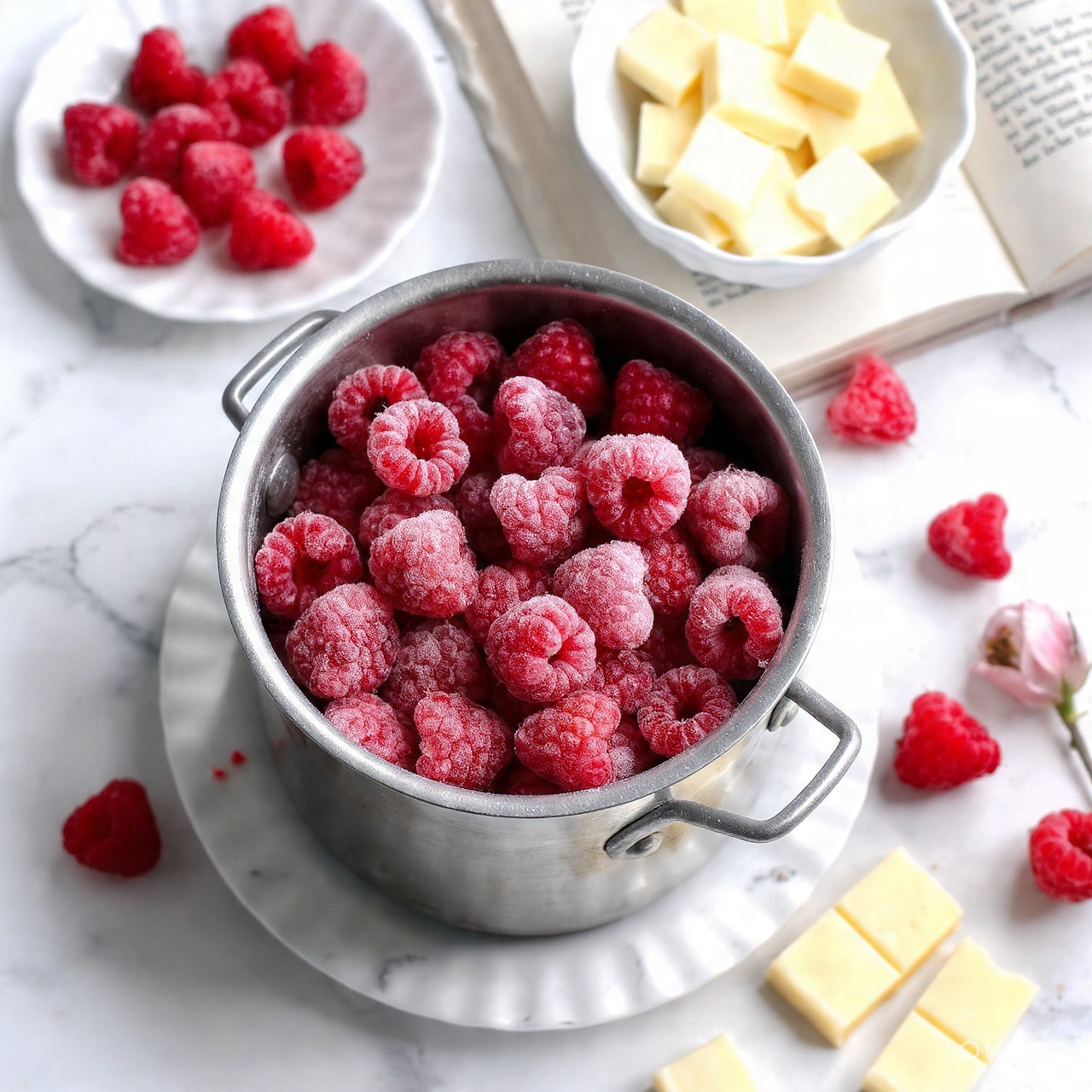 A silver metal pot filled with bright red frozen raspberries, showing a frosty, textured surface, is placed on a white marbled surface. To the top left, there is a white scalloped plate with fresh, plump red raspberries. Above the pot, a white scalloped bowl holds small rectangular pieces of white chocolate, resting on an open book with visible text and a small white flower near the bowl. A few raspberries and pieces of white chocolate are scattered casually around the pot and plates. photo taken with an iphone --ar 4:5 --v 7