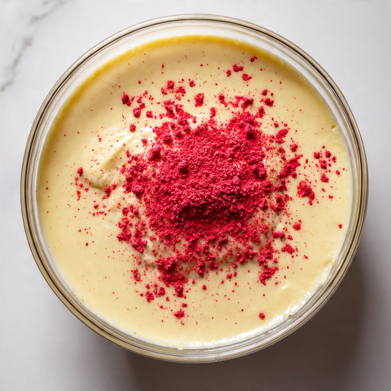 A clear glass bowl filled with a smooth, pale yellow batter that has a creamy texture. Bright red powder is falling into the middle of the batter from above, forming a small mound and scattering slightly around it. The bowl is placed on a white marbled surface, and the scene focuses closely on the mixing process, showing some batter sticking lightly to the sides of the bowl. photo taken with an iphone --ar 4:5 --v 7