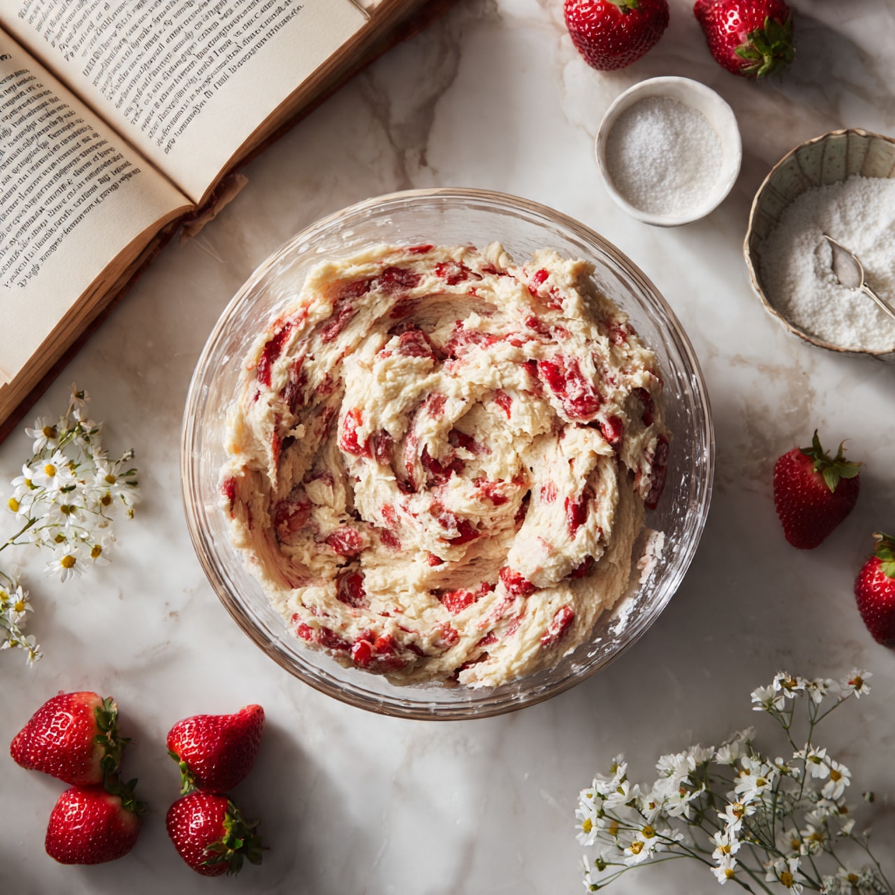 A clear glass bowl filled with a thick, beige dough mixed with swirls of bright red strawberry pieces, creating a marbled effect throughout the dough. The dough has a rough, slightly chunky texture with visible bits of strawberries unevenly spread. Around the bowl, the scene includes a few fresh whole and halved strawberries, an open book with a browned page, a small white bowl filled with white granulated sugar, and small white flowers with yellow centers scattered on a white marbled surface. photo taken with an iphone --ar 4:5 --v 7