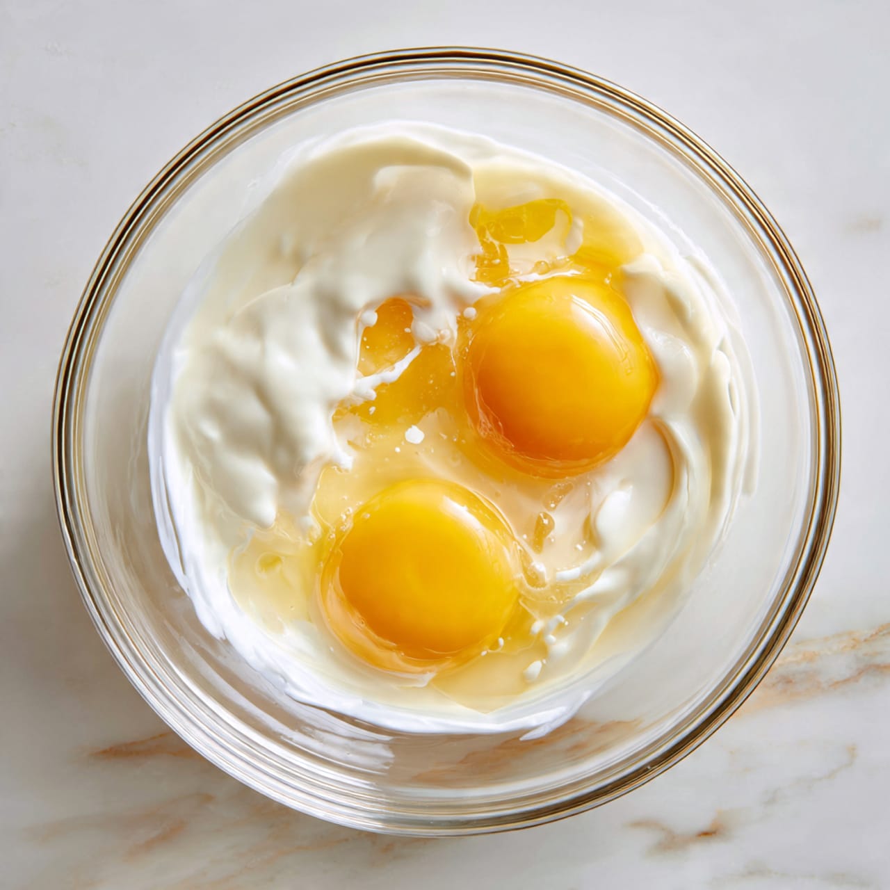 A clear glass bowl holds two bright yellow egg yolks and clear egg whites, with a creamy white liquid being poured over them from above. The creamy liquid creates a smooth, flowing layer that partially covers the egg yolks and whites, blending softly in the bowl. The bowl sits on a white marbled surface, and the background is softly blurred wood, emphasizing the pouring action. The scene feels fresh and clean, focusing on the fresh ingredients and smooth textures. photo taken with an iphone --ar 4:5 --v 7