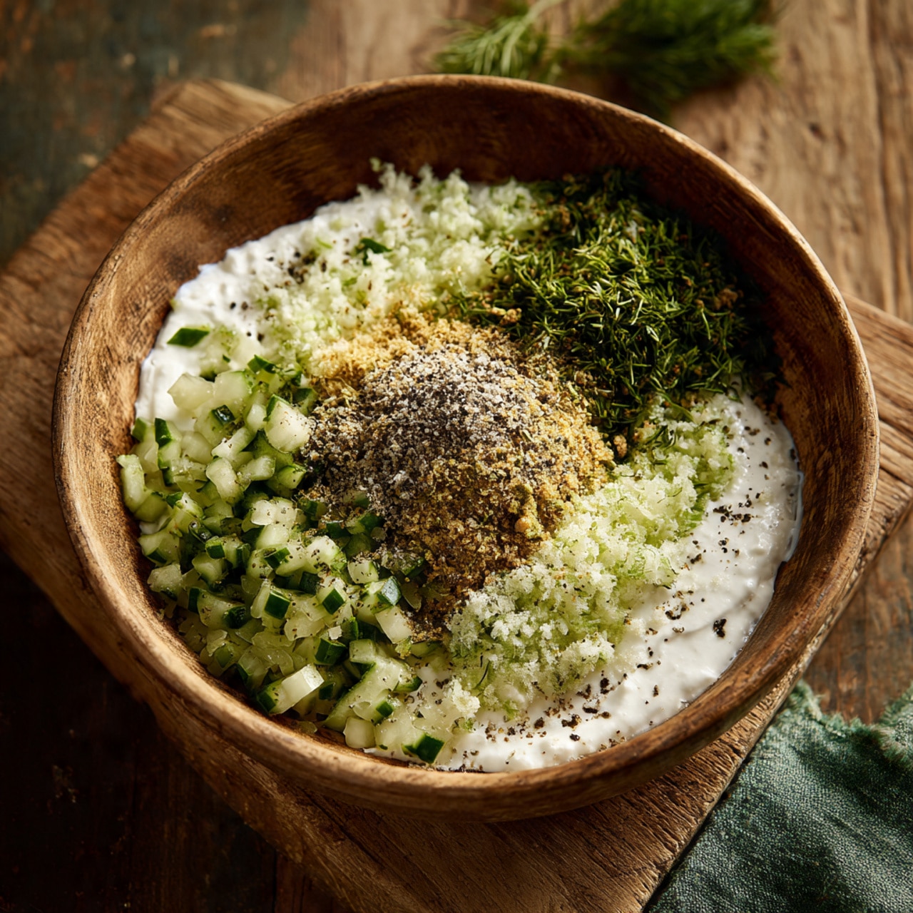 A wooden bowl holds a mix of ingredients in layers: the bottom layer is thick white cream, topped with a rough layer of finely grated cucumber in light green; then, a layer of finely chopped dark green herbs covers half of the cucumber, while a pile of light brown and black speckled spices sits in the center, sprinkled lightly on the white cream and cucumber. Some herbs and cucumber bits are scattered around the bowl's edges. The bowl sits on a wooden surface with a green cloth partially visible at the side. photo taken with an iphone --ar 4:5 --v 7