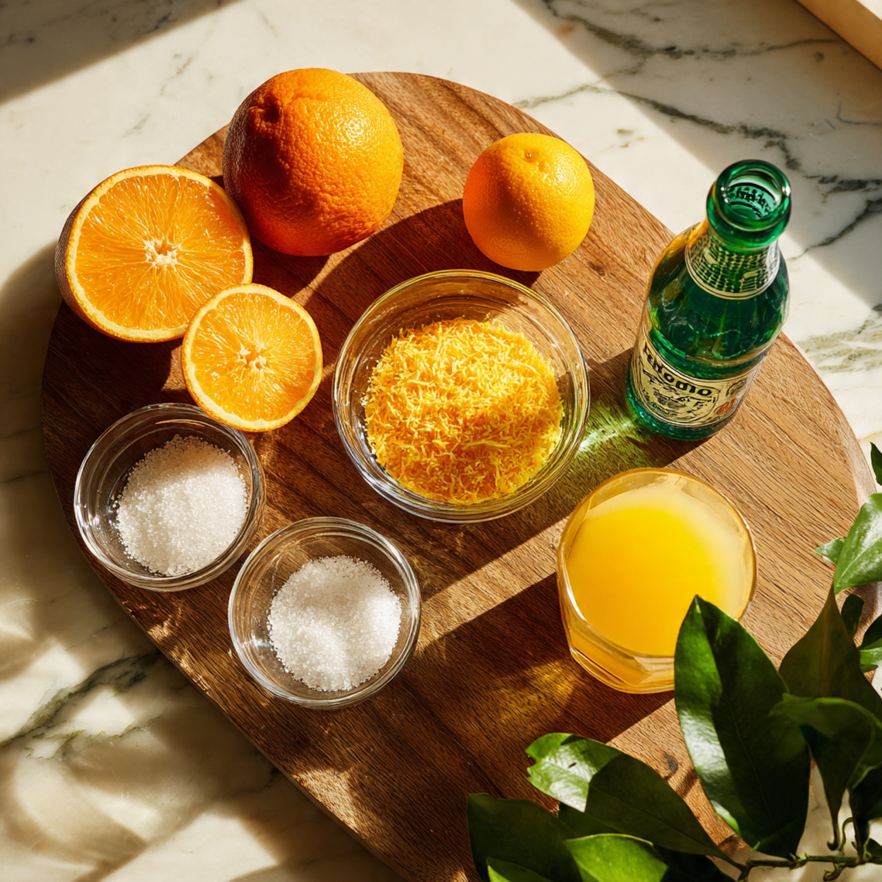 The image shows a wooden board with various ingredients arranged neatly: two halves of a bright orange orange at the top left, a whole orange to the right, and a clear glass bowl filled with orange zest in the center. Below the zest is a clear glass bowl with white granulated sugar. To the right of the zest bowl is a clear glass of orange juice, and to the left is a green bottle of Topo Chico mineral water. The items are placed on a surface with a white marbled texture visible at the bottom right, and green leaves peek from the lower right corner. Strong sunlight creates vivid shadows and highlights on the board and ingredients. Photo taken with an iphone --ar 4:5 --v 7